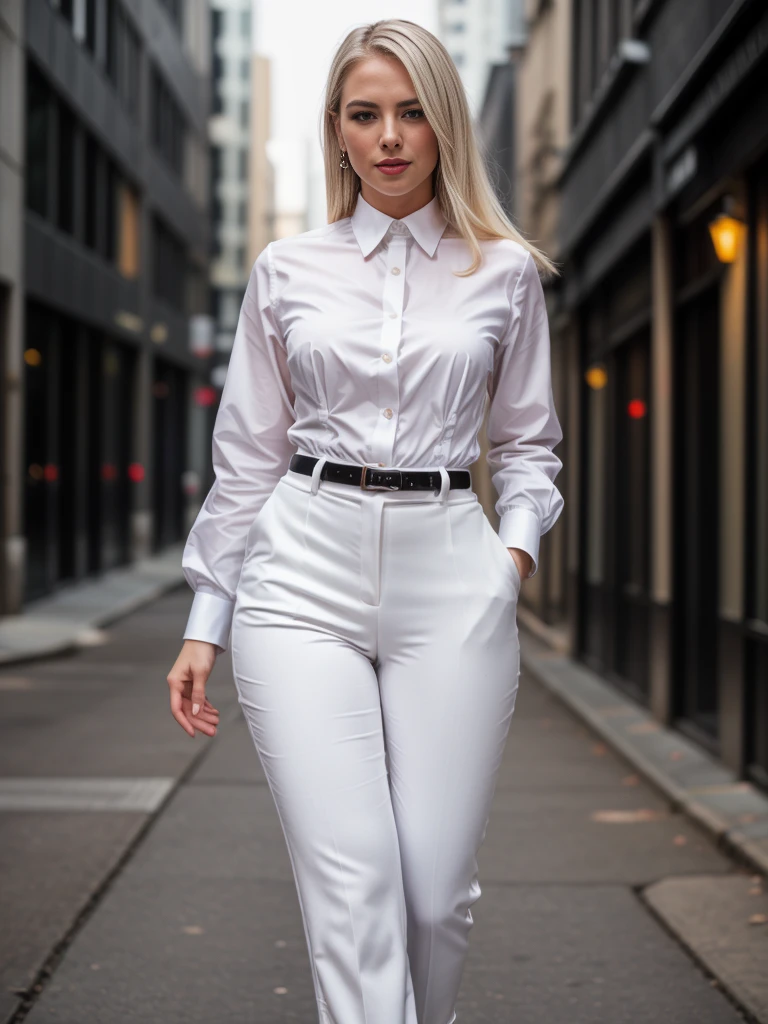 beautiful photograph of a smart looking office lady, solo, outdoors, standing against a midnight city skyline at, street light alleyway wearing a (white collared shirt), fine fabric emphasis, perfectly defined button detailing, (((black high-waisted pants))), belt, diamond stud earrings, (long sleek back, platinum blonde hair), stunning brown eyes, freckles, ((cheeky sensual smile)), slender figure, full body shot, photographed on a Fujifilm XT3, 80mm F/1.7 prime lens, cinematic film still, cinestill 500T, highly detailed, highest quality, intricately detailed, HDR, photorealistic, masterpiece, 8k, uhd, award winning