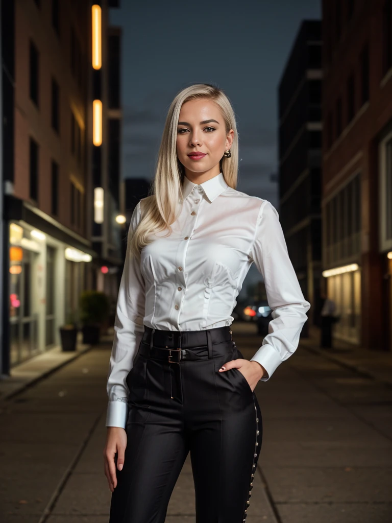 beautiful photograph of a smart looking office lady, solo, outdoors, standing against a midnight city skyline at, street light alleyway wearing a (white collared shirt), fine fabric emphasis, perfectly defined button detailing, (((black high-waisted pants))), belt, diamond stud earrings, (long sleek back, platinum blonde hair), stunning brown eyes, freckles, ((cheeky sensual smile)), slender figure, full body shot, photographed on a Fujifilm XT3, 80mm F/1.7 prime lens, cinematic film still, cinestill 500T, highly detailed, highest quality, intricately detailed, HDR, photorealistic, masterpiece, 8k, uhd, award winning