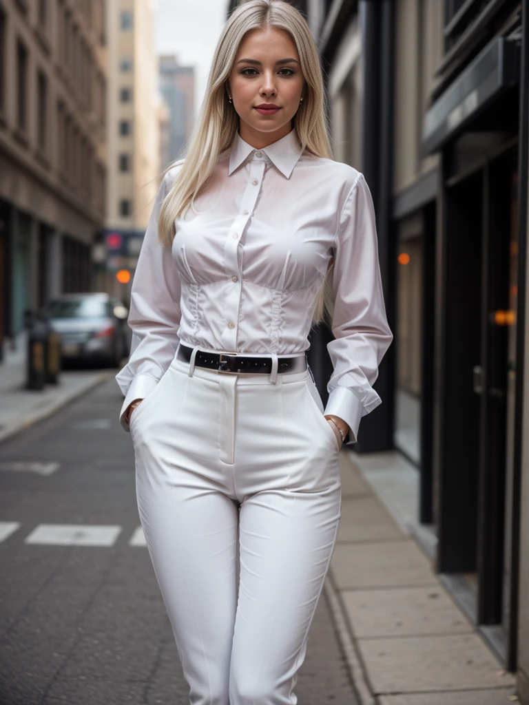 beautiful photograph of a smart looking office lady, solo, outdoors, standing against a midnight city skyline at, street light alleyway wearing a (white collared shirt), fine fabric emphasis, perfectly defined button detailing, (((black high-waisted pants))), belt, diamond stud earrings, (long sleek back, platinum blonde hair), stunning brown eyes, freckles, ((cheeky sensual smile)), slender figure, full body shot, photographed on a Fujifilm XT3, 80mm F/1.7 prime lens, cinematic film still, cinestill 500T, highly detailed, highest quality, intricately detailed, HDR, photorealistic, masterpiece, 8k, uhd, award winning