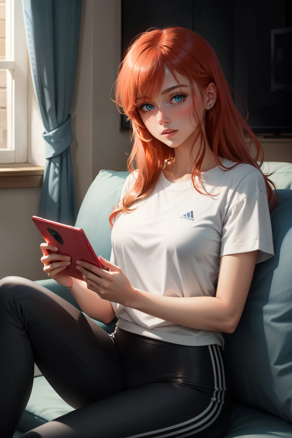 A red-haired, blue-eyed woman in a white shirt and red leggings is sitting on the couch in her home with a video game in her hand focused on winning the game