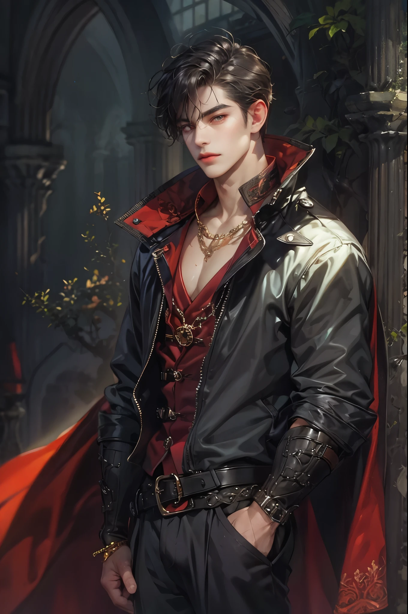 ((Best quality)), ((masterpiece)), (detailed), ((perfect face)), ((halfbody)) handsome face, male,  boy,  perfect proportions , a male character hero from vampire saviour comics in a colorful outfit, succubus, incubus, vampire, dark cape, dark castle, detailed scenery background 