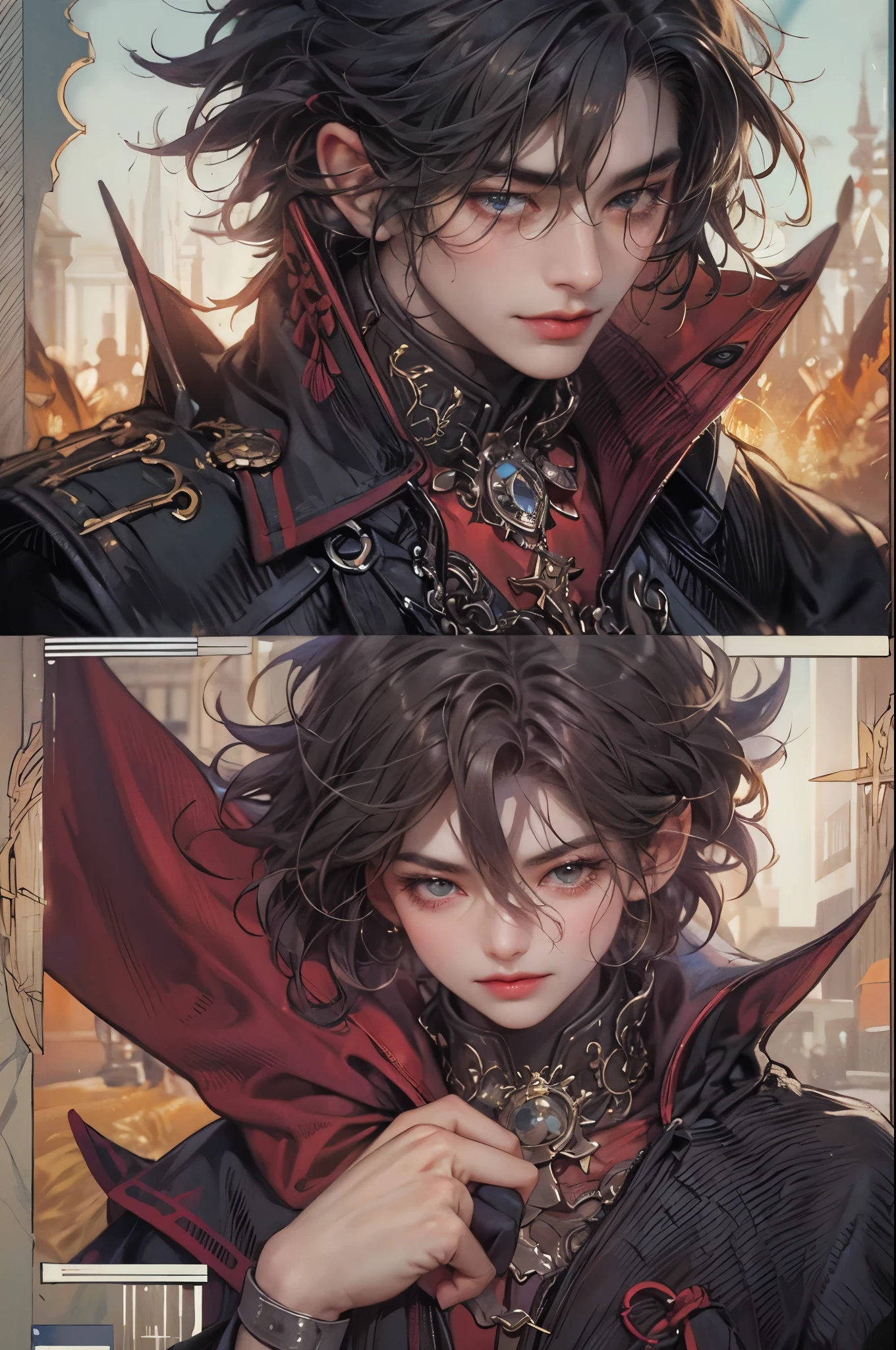 ((Best quality)), ((masterpiece)), (detailed), ((perfect face)), ((halfbody)) handsome face, male, teen boy,  perfect proportions , a male character hero from vampire saviour comics in a colorful outfit, succubus, incubus, vampire, dark cape, dark castle, detailed scenery background 