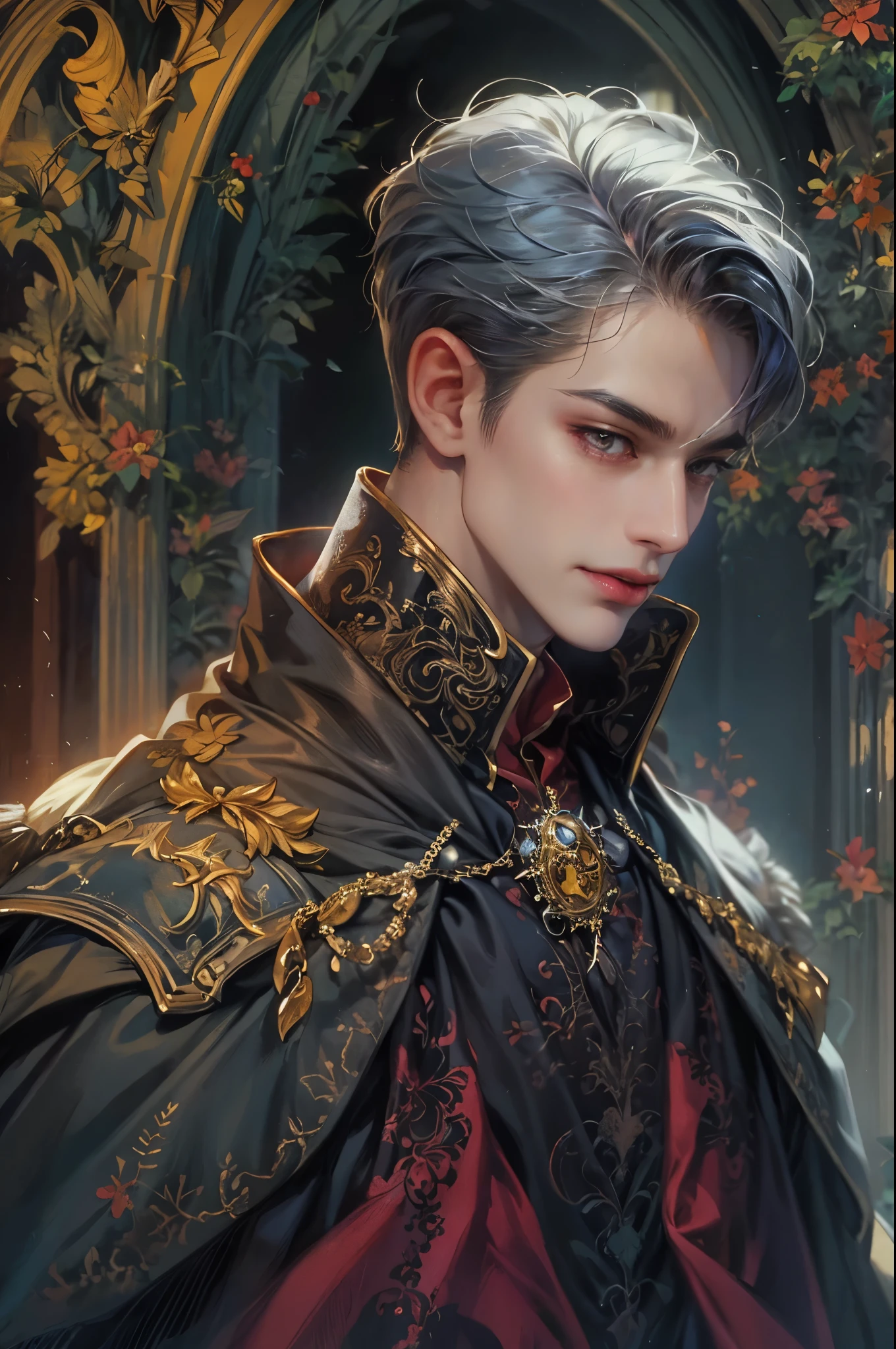 ((Best quality)), ((masterpiece)), (detailed), ((perfect face)), ((halfbody)) handsome face, male, **** boy,  perfect proportions , a male character hero from vampire saviour comics in a colorful outfit, succubus, incubus, vampire, dark cape, dark castle, detailed scenery background 