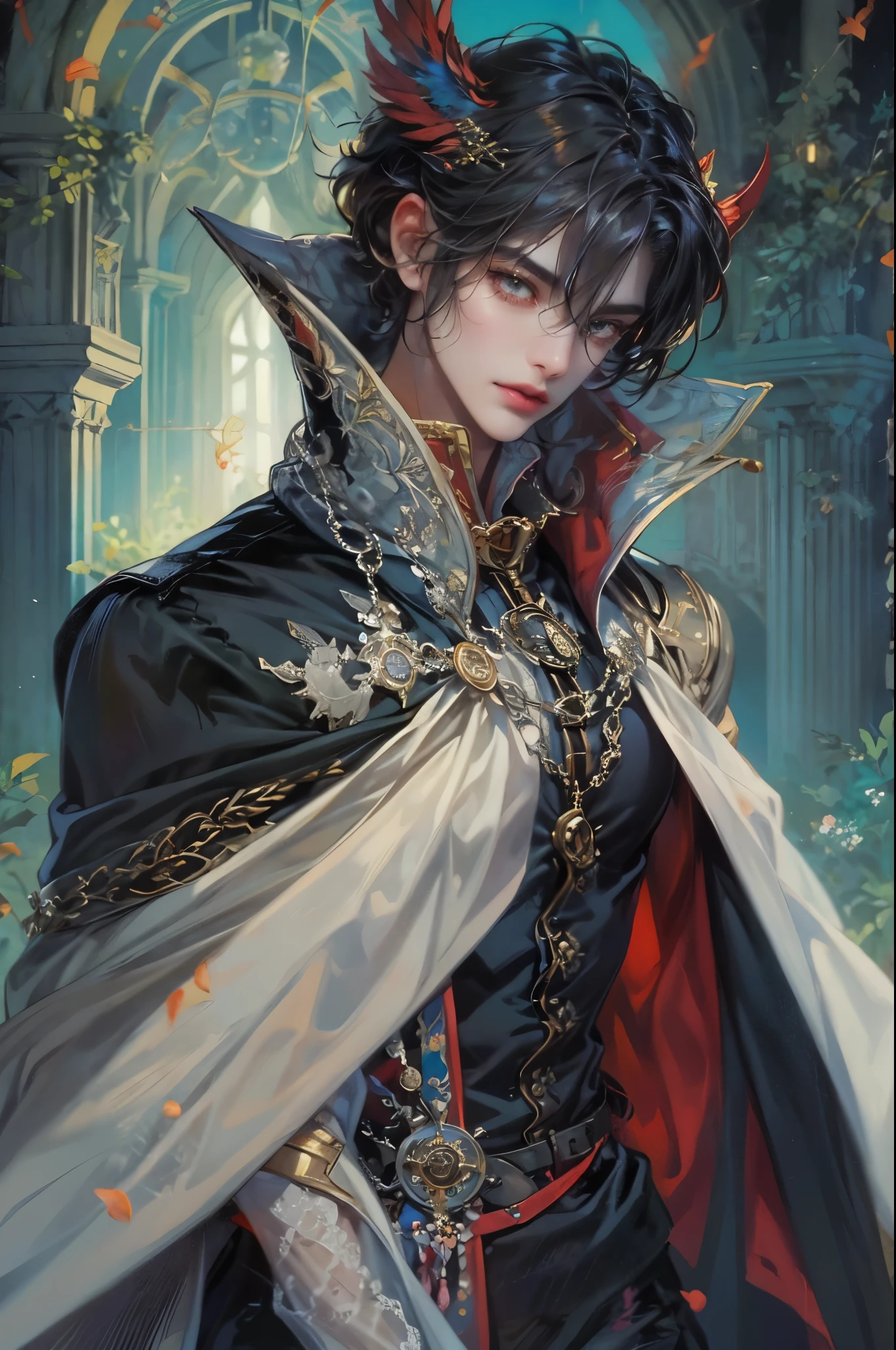 ((Best quality)), ((masterpiece)), (detailed), ((perfect face)), ((halfbody)) handsome face, male, boy, perfect proportions , a male character hero from vampire saviour comics in a colorful outfit, succubus, incubus, vampire, dark cape, dark castle, detailed scenery background