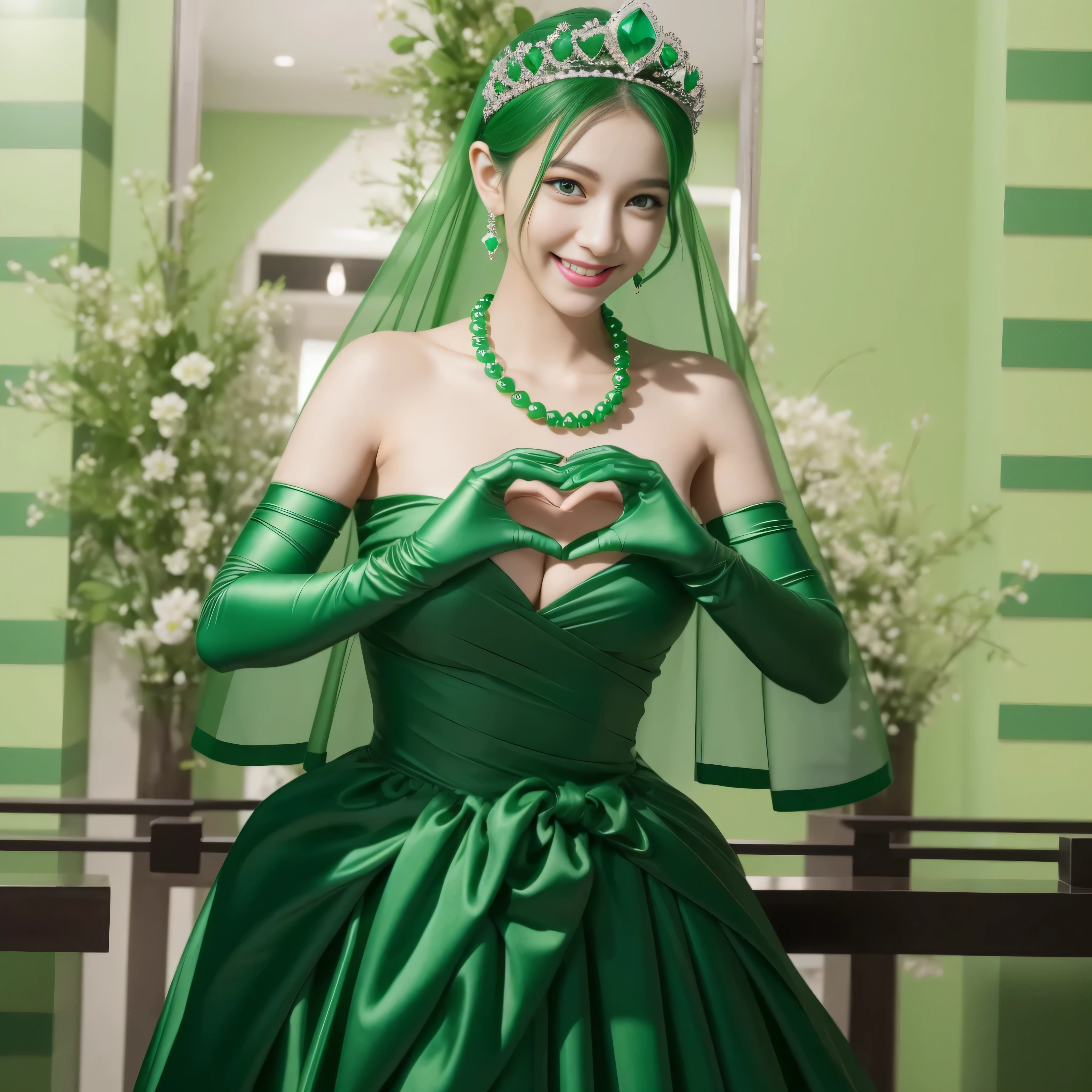 emerald tiara, Green Pearl Necklace, ボーイッシュな非常に短いgreen hair, green lips, smiling Japanese woman, very short hair,  Beautiful woman with big breasts, green eyes, green satin long gloves, green eyes, emerald earrings, Green veil, Heart with both hands, green hair, beautiful japanese woman, heart shaped hands:1.3, green lip gloss