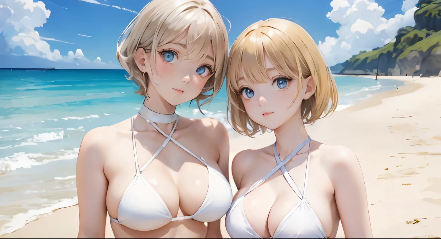 (masterpiece:1.2), (highest quality:1.2),, Curvy but slender body, perfect eyes, perfect face, perfect lighting, 2 girls, ,on the beach,(standing position),(White bikini swimsuit),(whole bodyのフルショット),(short hair),(smile),curly hair, fine clothes, detailed outdoor background, compensate, eye shadow, thick eyelashes, fantasy, looking at the viewer, whole body、blue sky、bright and beautiful face、young shiny glossy white shiny skin、the best beauty、the most beautiful bright blonde hair in the world、thin hair、short hair、Shining beautiful bangs、big shining blue eyes、very beautiful and nice 18 years old, the most beautiful girl in the world、small breasts