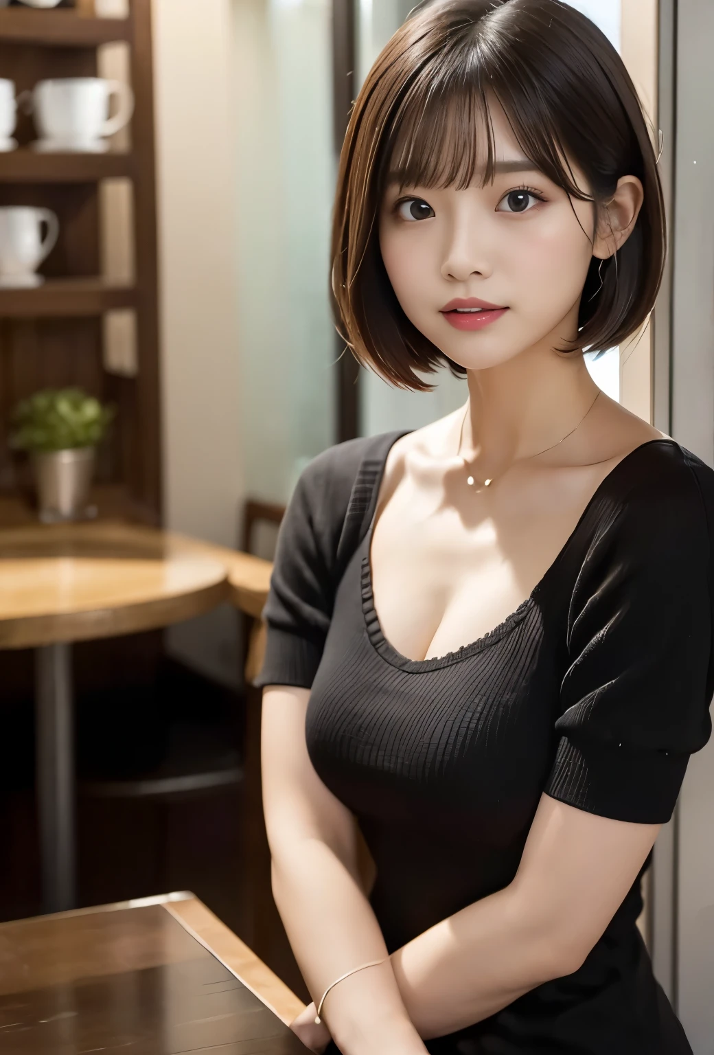 (((Cafe:1.3, indoor, Photographed from the front))), ((medium bob:1.3, black knit, japanese woman, cute)), (clean, natural makeup), (highest quality, masterpiece:1.3, 超High resolution), (Super detailed, caustics), (realistic:1.4, RAW shooting), very detailed, High resolution, 16K resolution