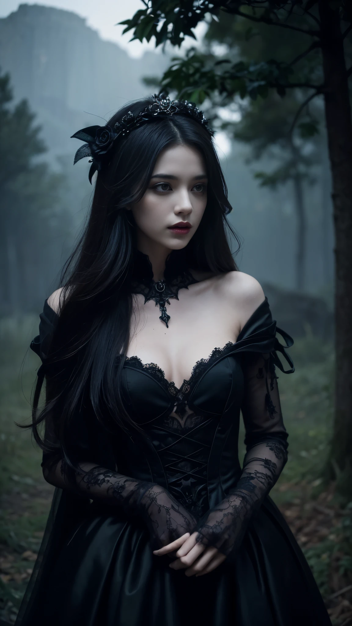 Depict a striking woman in a dramatic, gothic-inspired ensemble—a stunning dark gown or edgy attire—set against a hauntingly beautiful backdrop like an ancient castle or a mysterious forest.