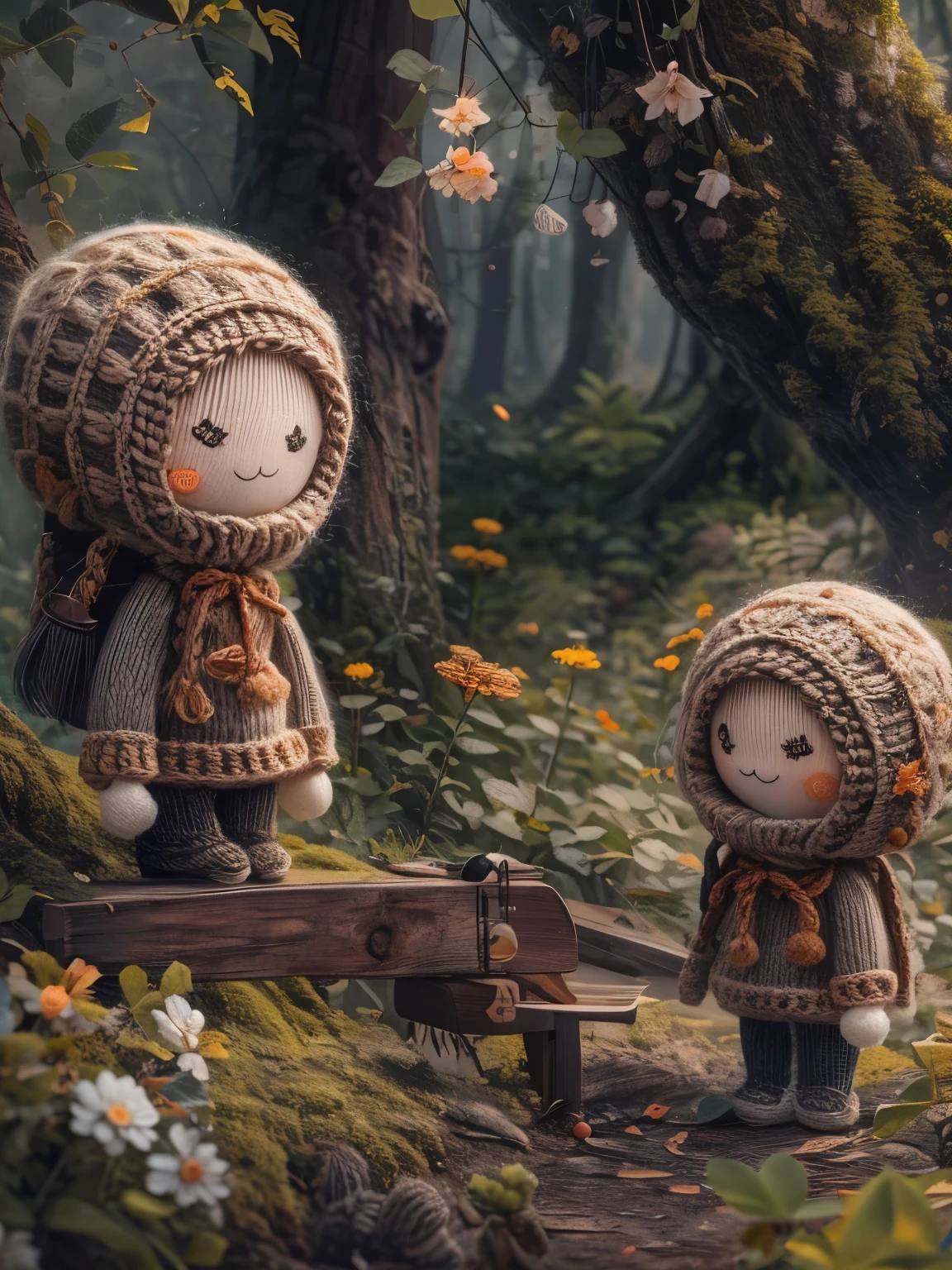 (La best quality,high resolution,super detailed,actual),cute knitted doll，(Tyndall effect: 1.1), How light is dispersed and scattered,，in the forest，smiley face，（（A masterpiece full of fantasy elements）））， （（best quality））， （（intricate details））（8k）