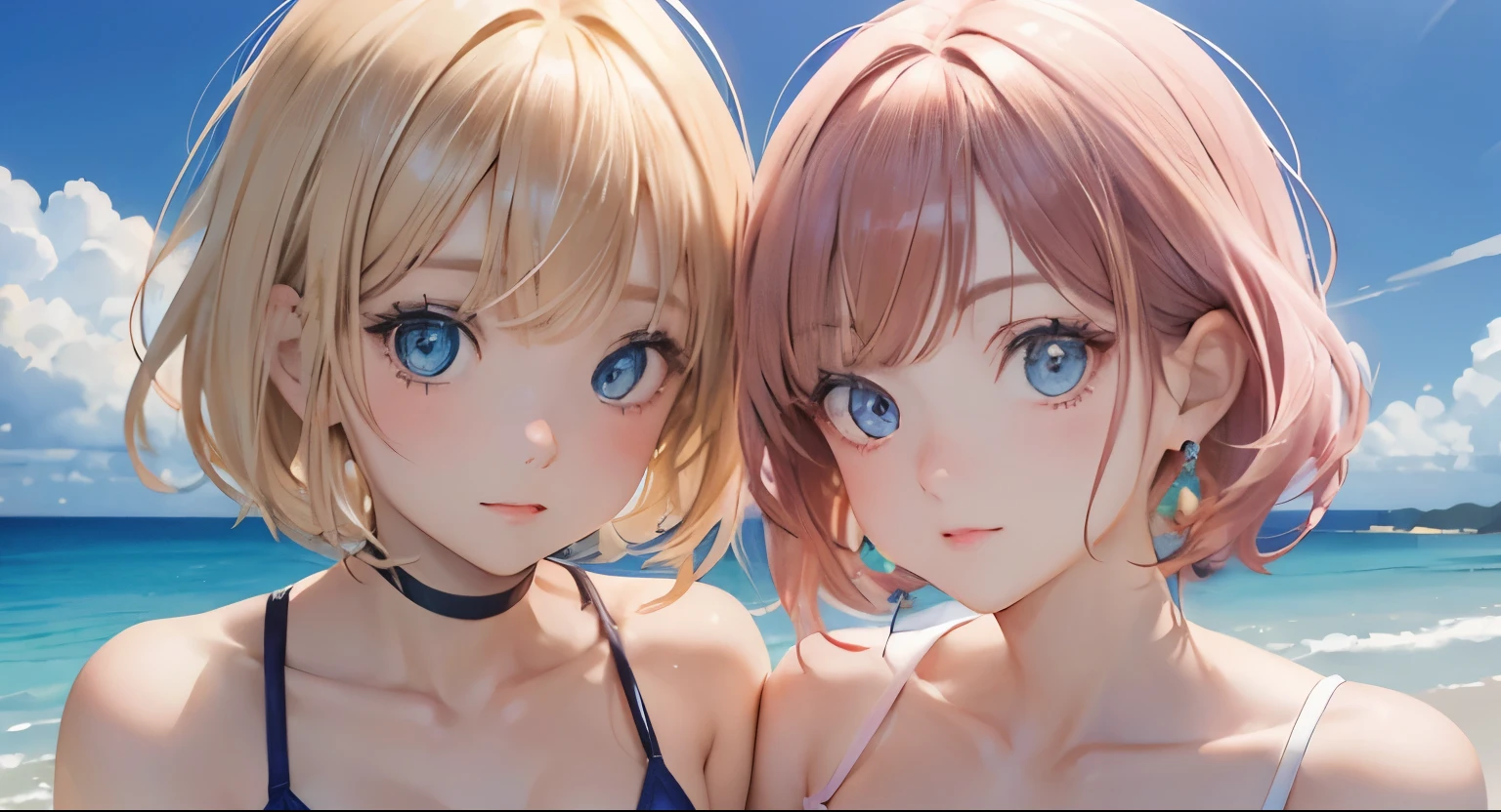 (masterpiece:1.2), (highest quality:1.2),, Curvy but slender body, perfect eyes, perfect face, perfect lighting, 2 girls, ，on the beach，（standing position），（pink bikini swimsuit），（whole bodyのショット），（short hair），（smile），curly hair, fine clothes, detailed outdoor background, compensate, eye shadow, thick eyelashes, fantasy, looking at the viewer, whole body、blue sky、bright and beautiful face、young shiny glossy white shiny skin、the best beauty、the most beautiful bright blonde hair in the world、thin hair、short hair、Shining beautiful bangs、big shining blue eyes、very beautiful and nice 18 years old, the most beautiful girl in the world、small breasts