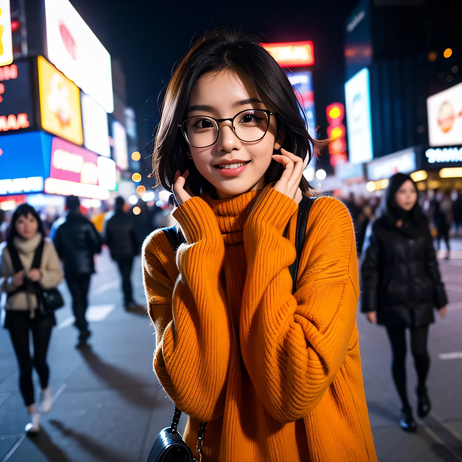 TYPE : Beauty Photography
THEME : fashion style
RACE : Indonesian, young
PERSON 1 : Early 20s, woman
SCENE : outdoor , night , a woman standing across the time square new york, creating an beauty atmosphere , wind blowing effect, beautiful and cute expression , cute pose .smile at camera
PROPS: : complete decoration of time square new york , wearing stylist bright orange long turtleneck sweater , wind blow , short hair, glasses
CAMERA : photographed using an Canon eos 90d DSLR camera with 18-135mm lens , detail skin texture , detailed face , close up , low exposure
ANGLE : High Dynamic Range (HDR) shot
inspiration byousoku 5 cm