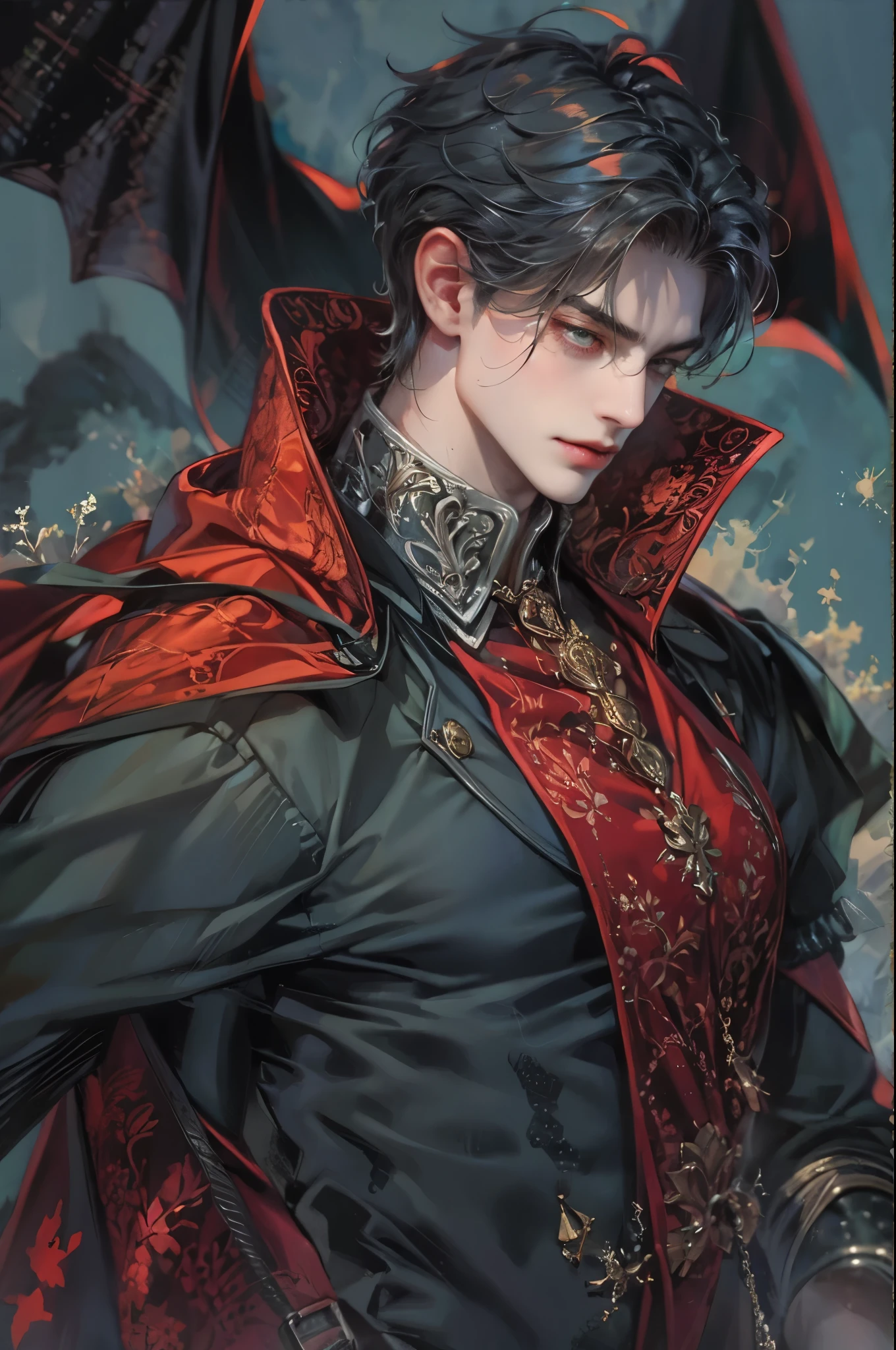 ((Best quality)), ((masterpiece)), (detailed), ((perfect face)), ((halfbody)) handsome face, male, teen boy,  perfect proportions , a male character hero from vampire saviour comics in a colorful outfit, succubus, incubus, vampire, dark cape, dark castle, detailed scenery background 
