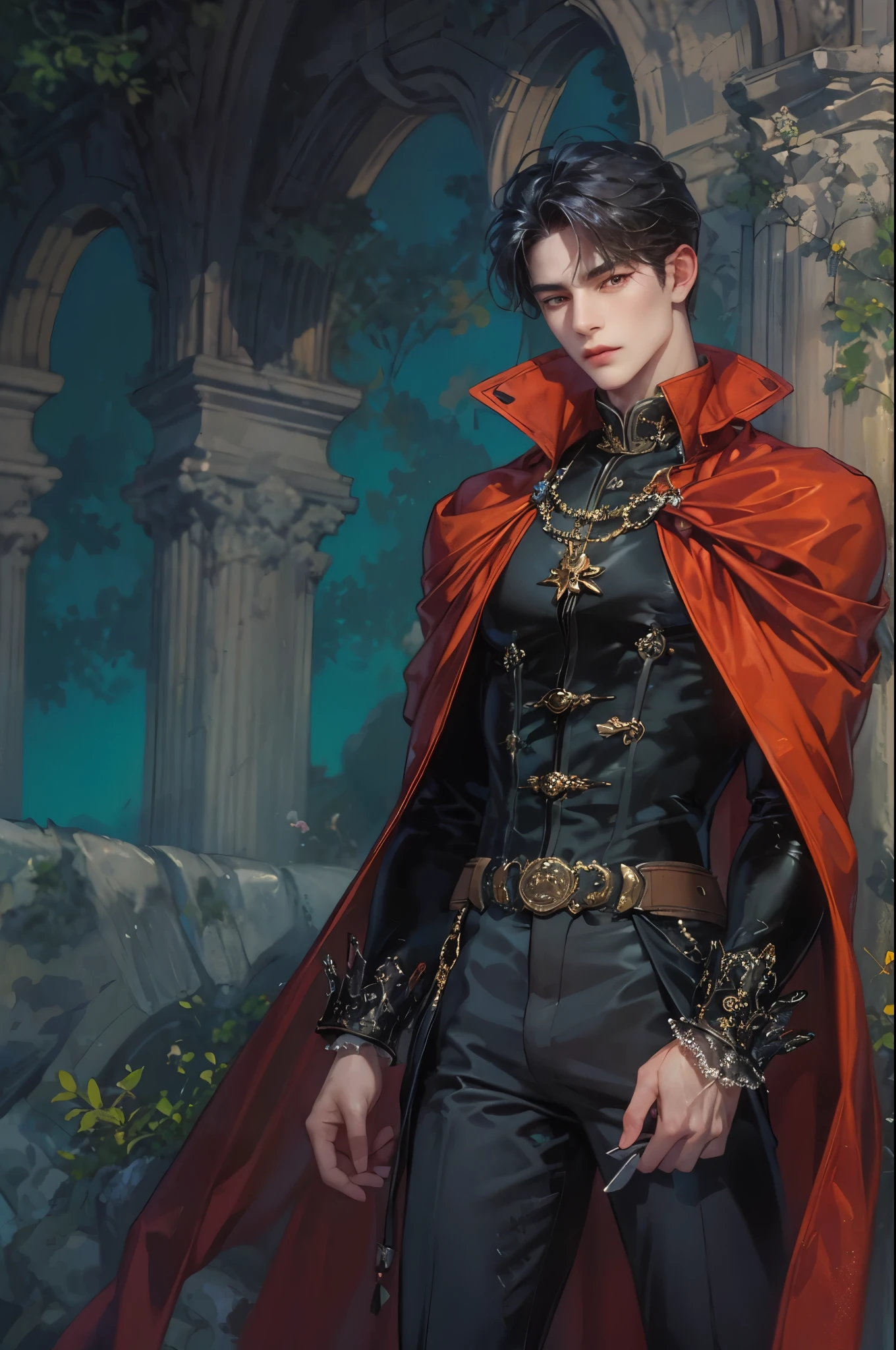 ((Best quality)), ((masterpiece)), (detailed), ((perfect face)), ((halfbody)) handsome face, male, boy, perfect proportions , a male character hero from vampire saviour comics in a colorful outfit, succubus, incubus, vampire, dark cape, dark castle, detailed scenery background