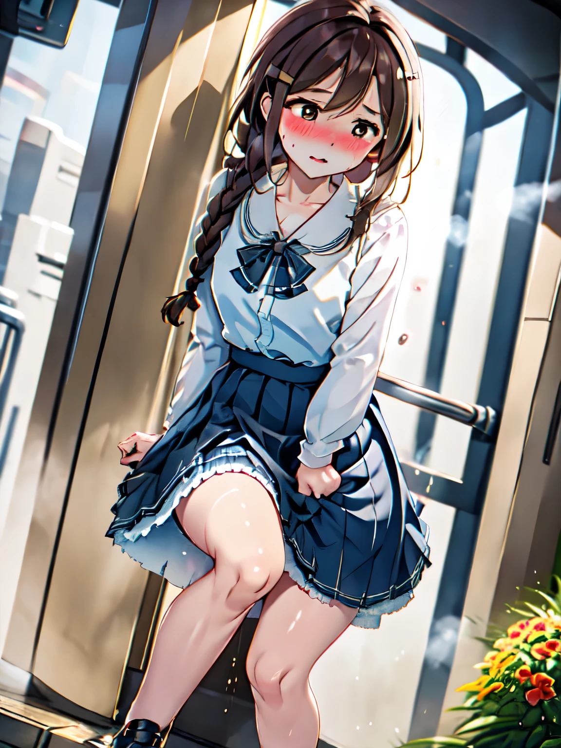 (ultra-detailed, best quality, anatomically perfect body:2), (1 girl, have to pee, very desperate to pee, have to pee), party venue, Women's restroom, Beautiful interior, (other women waiting in line restroom together:1.6), (maxi dress, long skirt, petticoat, heels, messy bun:1.3), (have to pee:1.5), (knees together and feet apart:1.1), (hand between legs, leaning forward:1.1), (covering crotch:1.4), (constricted pupils:1.4), (erotic twist of the body:1.2), (sad), (blush:1.6), (embarrassment:1.2), (flowing sweat), (fear), (breathless:1.8), (squint eyes:1.3), (looking away:1.2), parted lips, pink lips, teeth, shiny skin, (dress tug, skirt tug), (wind lift skirt), (wide angle), (dramatic angle)