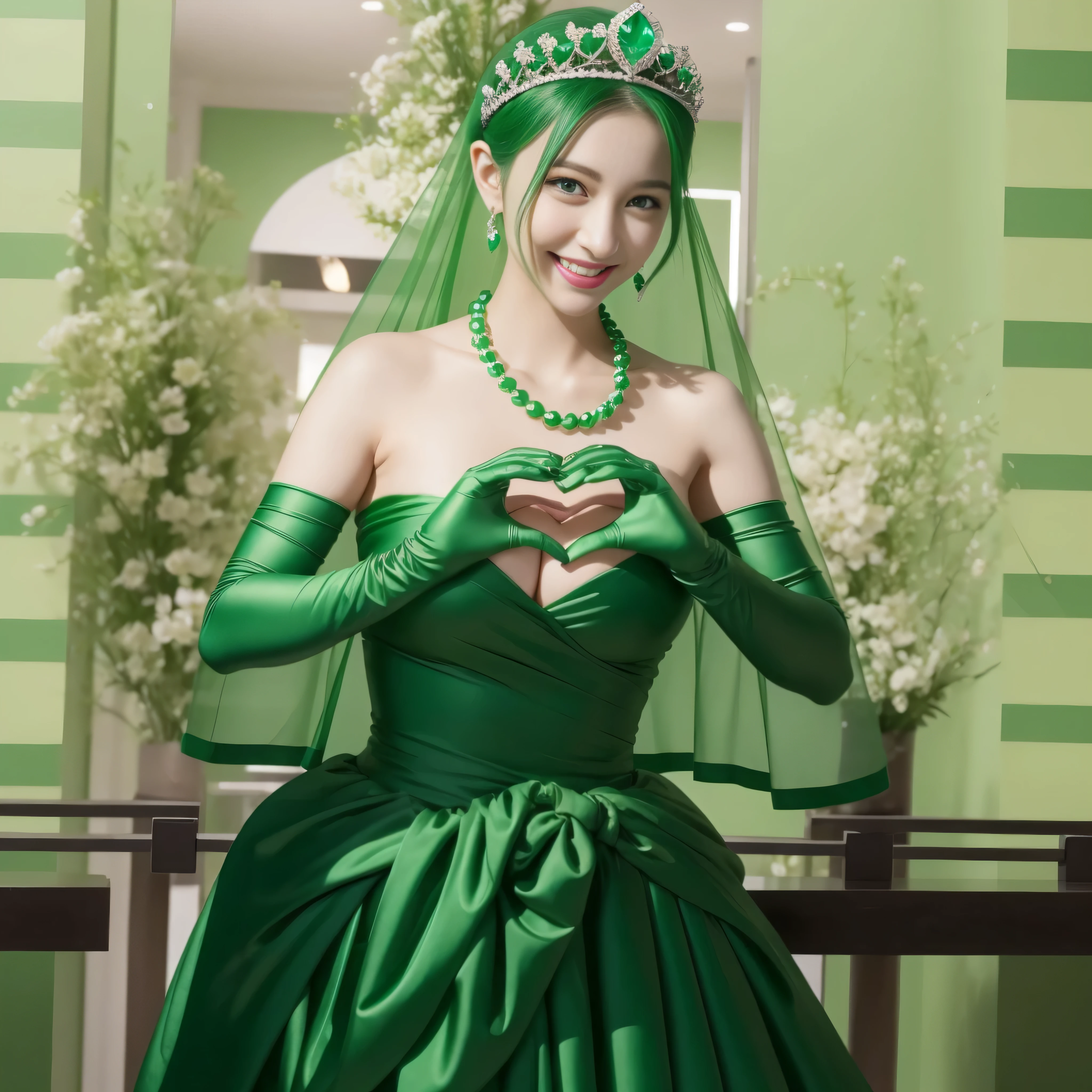 emerald tiara, Green Pearl Necklace, ボーイッシュな非常に短いgreen hair, green lips, smiling Japanese woman, very short hair,  Beautiful woman with big breasts, green eyes, green satin long gloves, green eyes, emerald earrings, Green veil, Heart with both hands, green hair, beautiful japanese woman, heart shaped hands:1.3, green lip gloss