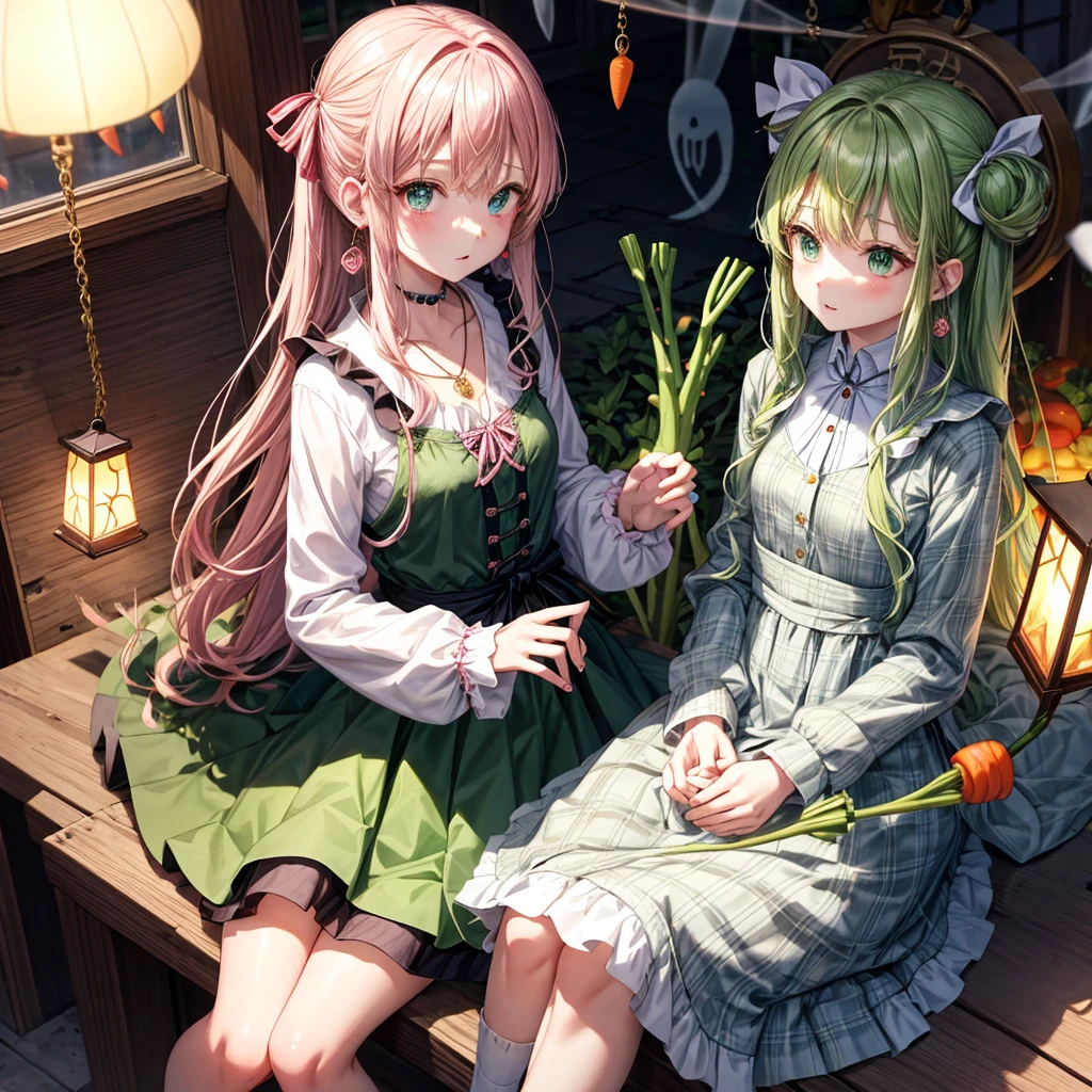 pink blonde、green eyes、one good looking girl、solo、anime、plaid mini skirt、the skirt has buttons、black camisole、black t-shirt、dress、wearing a ribbon、ribbon at waist、cloak、hood、clouds are swirling、stone slabs are piled up、one hand raised、crystal earrings、vegetable garden、monster castle、ceiling、golden key、jewelry necklace、Light and shadow、window、Hundreds of Ghosts at Night、lantern、sitting、legs crossed、mirror、Carrot、asparagus、tomato、green pepper、tunnel、Clock