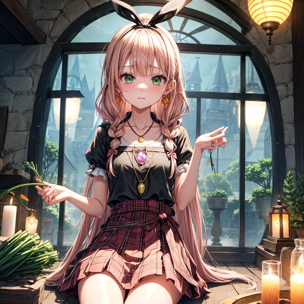 pink blonde、green eyes、one good looking girl、solo、anime、plaid mini skirt、the skirt has buttons、black camisole、black t-shirt、dress、wearing a ribbon、ribbon at waist、cloak、hood、clouds are swirling、stone slabs are piled up、one hand raised、crystal earrings、vegetable garden、monster castle、ceiling、golden key、jewelry necklace、Light and shadow、window、Hundreds of Ghosts at Night、lantern、sitting、legs crossed、mirror、Carrot、asparagus、tomato、green pepper、tunnel、Clock