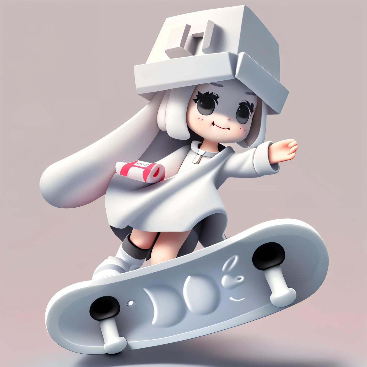 Bubble Mart blind box style，A cute little girl who loves to laugh，Skateboarding，Wearing a white box-shaped hat，princess cut hairstyle，Off-white hair，Wearing dark gray skirt and boots