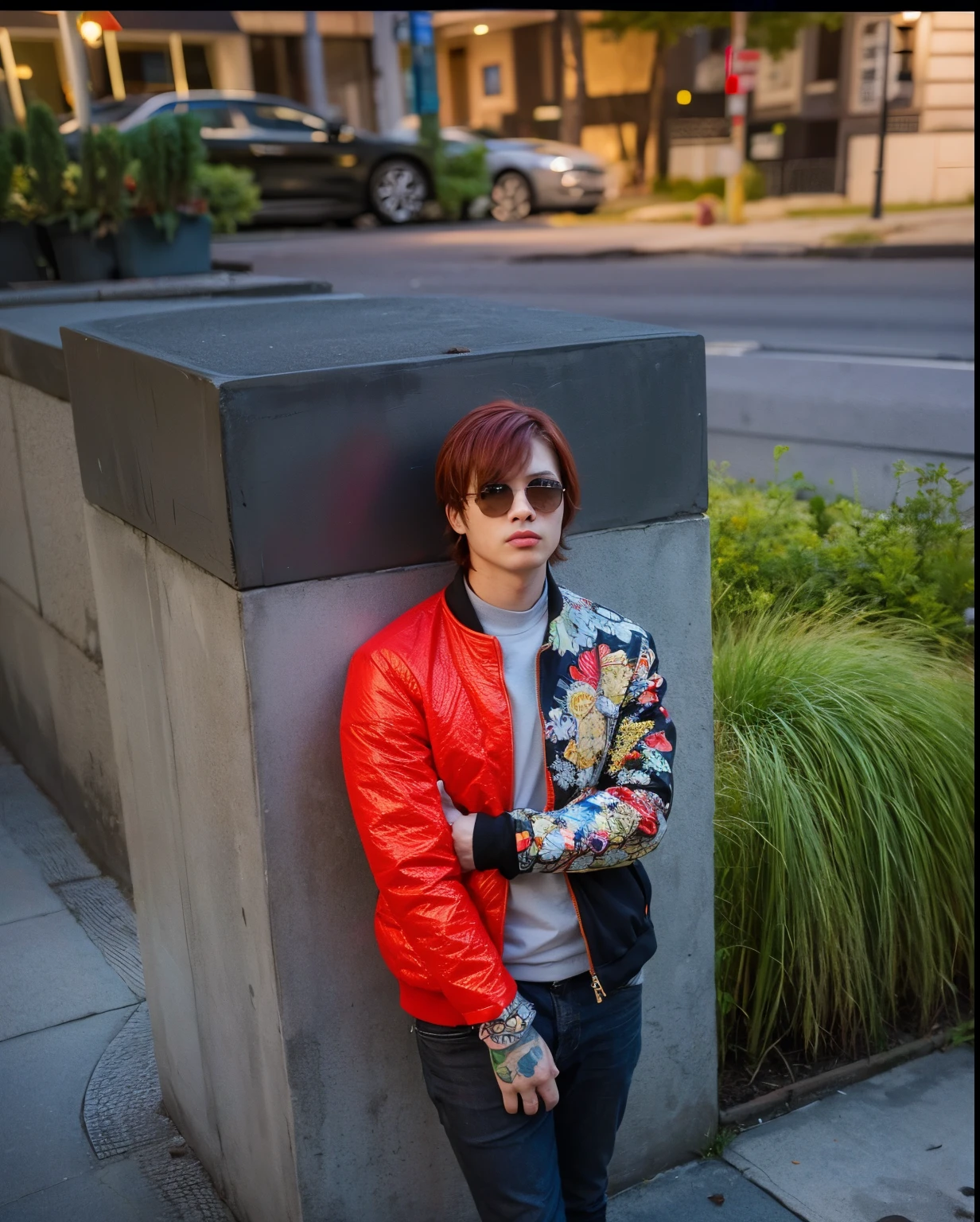 A man in red hair wearing sunglasses and a red jacket.