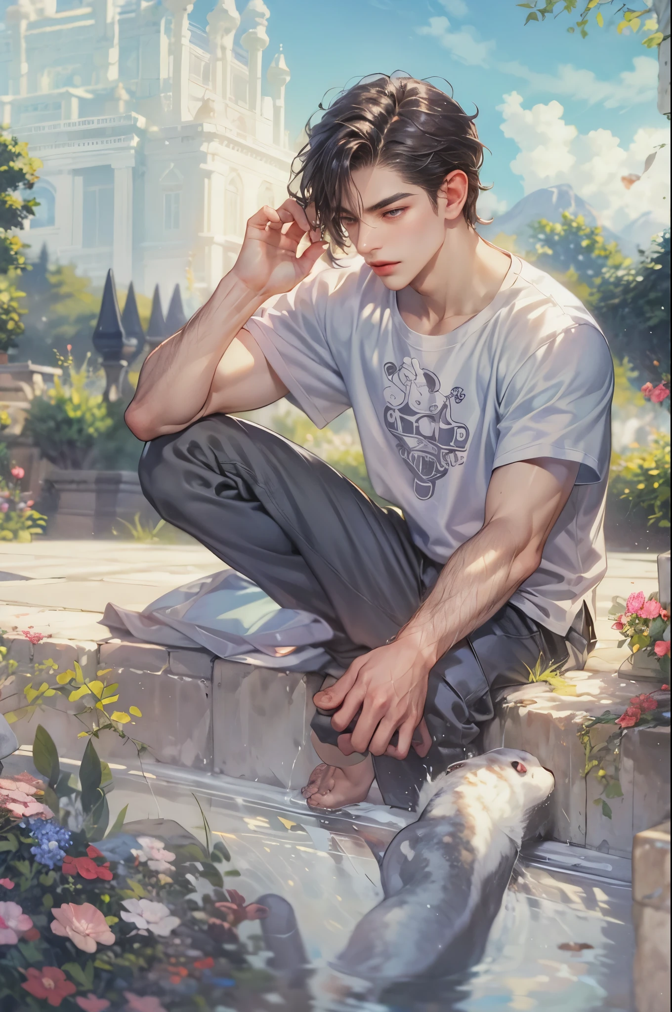 ((Best quality)), ((masterpiece)), (detailed), ((perfect face)), ((halfbody)) handsome face, male, teen boy, perfect proportions , an artwork created by nardack, casual outfit, detailed scenery background