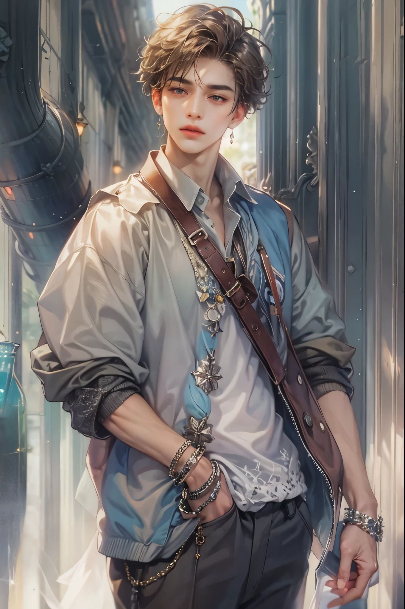 ((Best quality)), ((masterpiece)), (detailed), ((perfect face)), ((halfbody)) handsome face, male, boy, perfect proportions , an artwork created by nardack, casual outfit, detailed scenery background