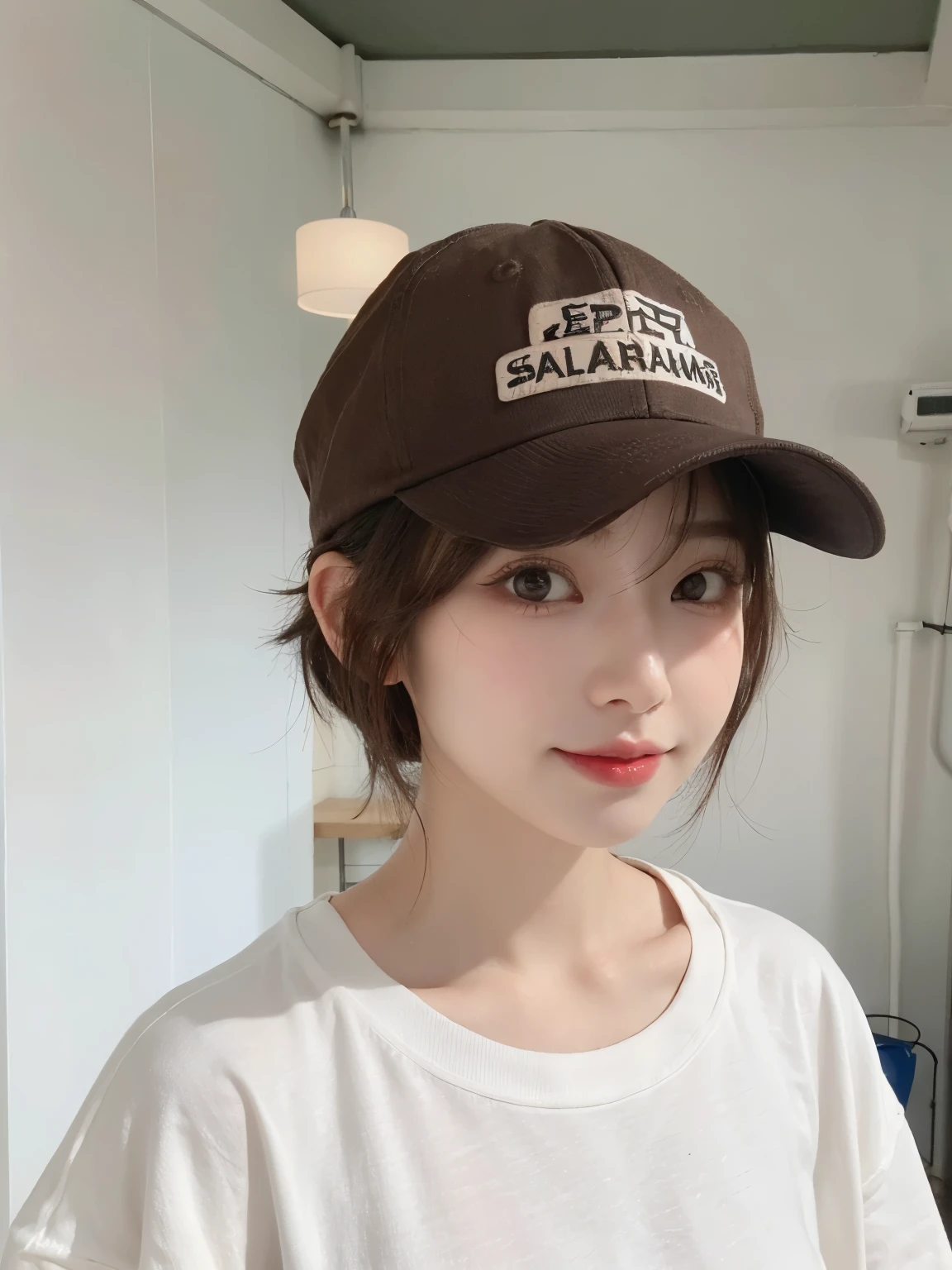 Best image quality、original photo、ultra high resolution、21 years old Korean、small breasts、dynamic angle、Cowboy shooting、The most beautiful form of chaos、elegant、Innovative design、bright colors、,light brown short hair、disheveled hair、light brown eyes 、black baseball cap(表情Smile)、short bob、Smile、Fair and shiny skin、beautiful eyes，random colors、The details are very beautiful、thin lips、细致beautiful eyes、elongated eyes、pale pink cheeks、long eyelashes、beautiful double eyelids、eye shadow、he、White big T-shirt sweatshirt、baggy pants、Shot from the side、sexy pose、enlarge