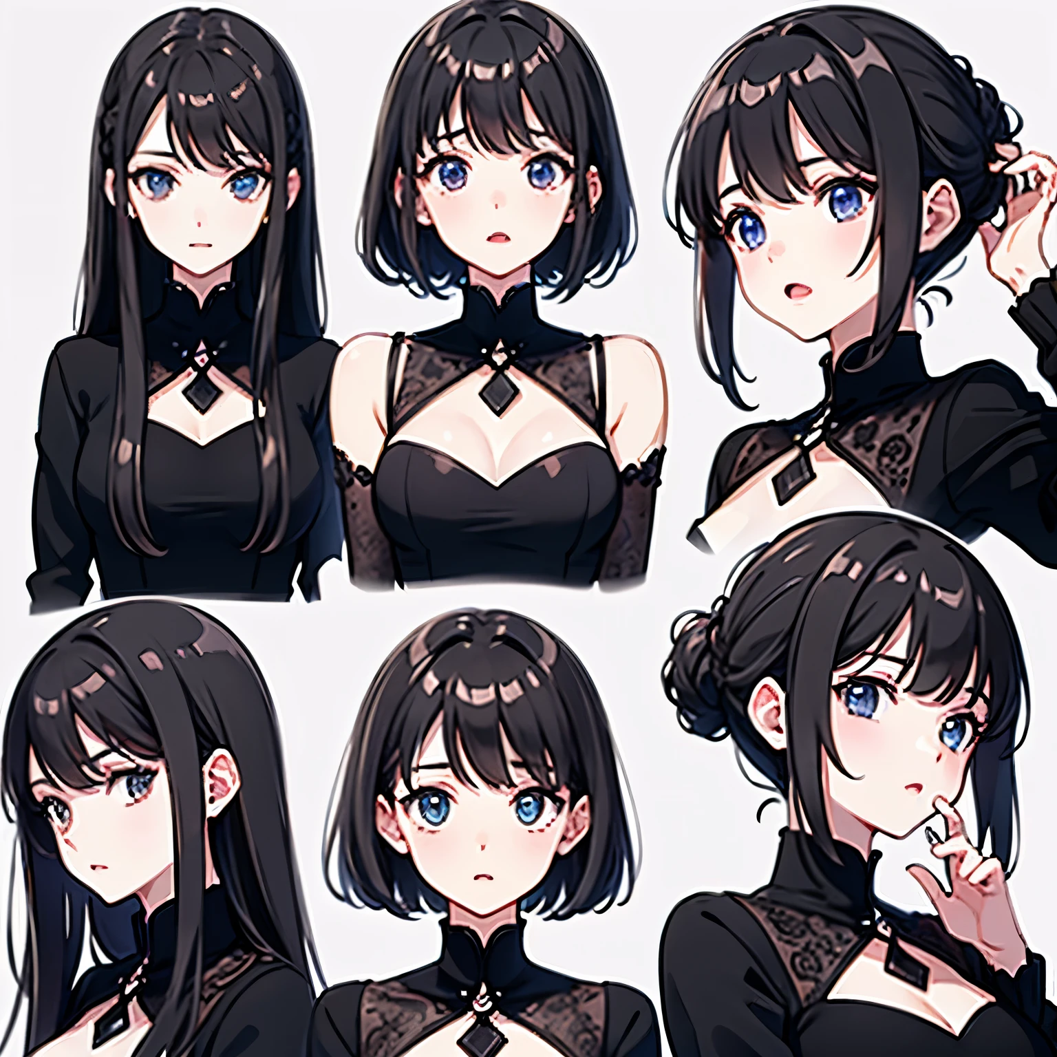 Beautiful girl avatar，expression，black long straight(9个expression符号，expression符号表，constalations)，9種姿勢和expression（sad，surprise，having fun，excited，giggle，smell the rat，angry，touch your head，Acting cute, wait），Black strokes，various emotions，9種姿勢和expression，8k