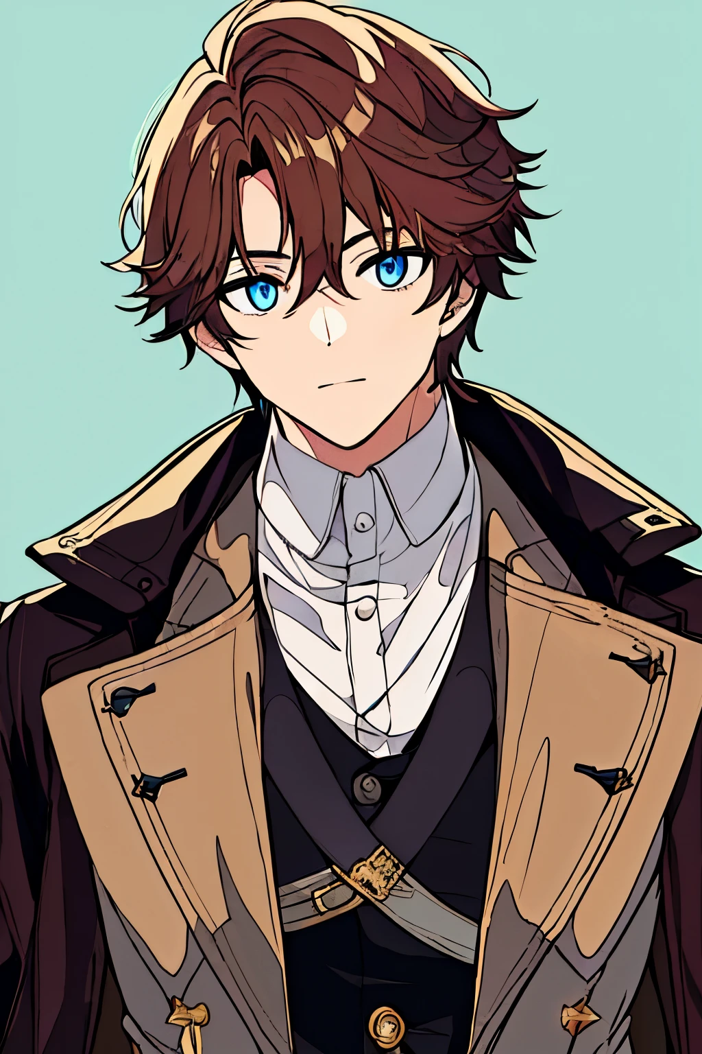 masterpiece, best quality, high quality, 1boy, solo, male focus, looking at viewer, upper body, leonardo_watch, brown hair, blue eyes, glowing, no sclera, , coat