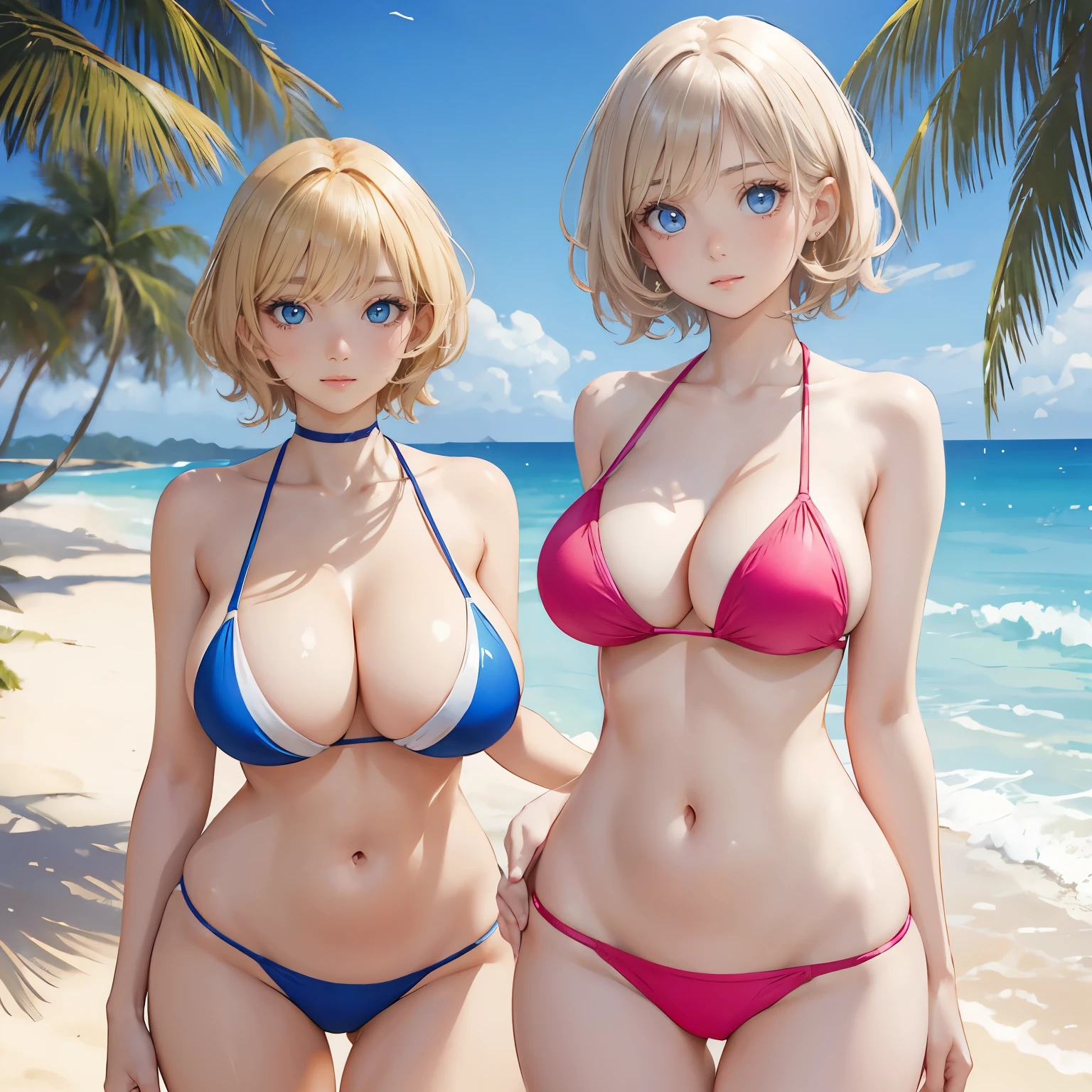 (masterpiece:1.2), (highest quality:1.2),, Curvy but slender body, perfect eyes, perfect face, perfect lighting, 2 girls, ，on the beach，（standing position），（pink bikini swimsuit），（whole bodyのショット），（short hair），（smile），curly hair, fine clothes, detailed outdoor background, compensate, eye shadow, thick eyelashes, fantasy, looking at the viewer, whole body、blue sky、bright and beautiful face、young shiny glossy white shiny skin、the best beauty、the most beautiful bright blonde hair in the world、thin hair、short hair、Shining beautiful bangs、big shining blue eyes、very beautiful and nice 18 years old, the most beautiful girl in the world、big breasts