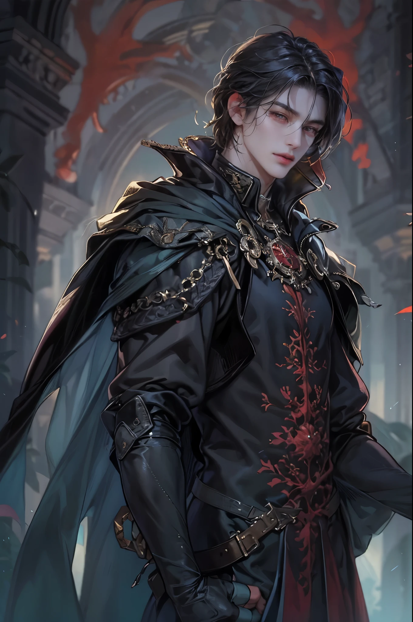 (dark theme:0.9),1boy,upper body,sharp features, blade \(honkai: star rail\), black hair, red_eyes, bangs, grim,cold_stare,black coat, chinese clothes,dark colors, Volumetric lighting, baroque oil painting by Greg Rutkowski, Artgerm, WLOP, Alphonse Mucha dynamic lighting hyperdetailed intricately detailed, (hdr:1.22), muted colors, detailed eyes,complex background, hyperdetailed, spider lily, amandine van ray <lora:Blade_Honkai_Star_Rail-000012:1>