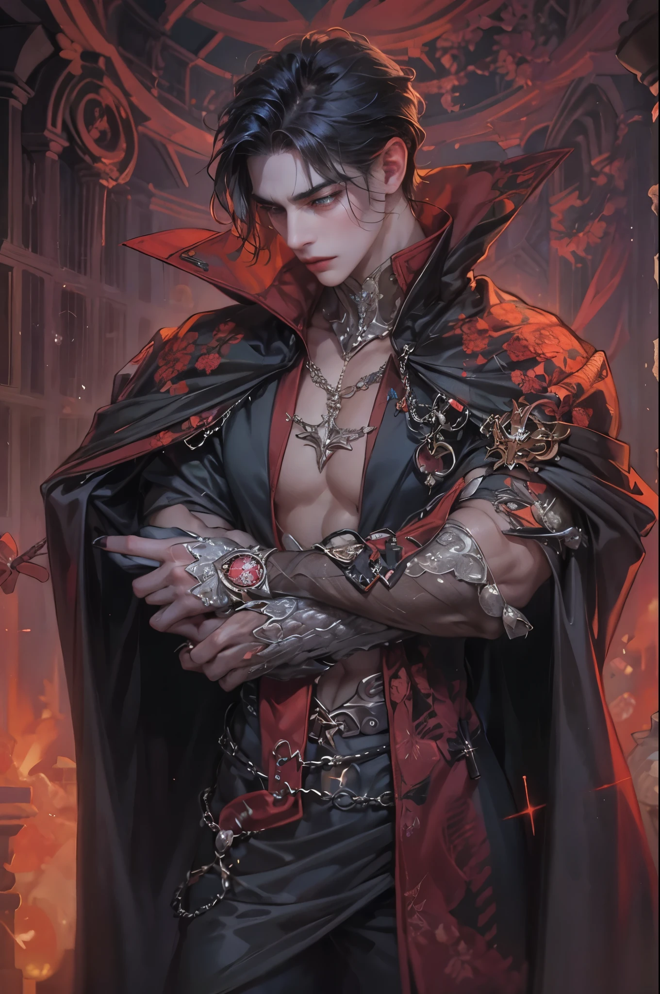 ((Best quality)), ((masterpiece)), (detailed), ((perfect face)), ((halfbody)) handsome face, male,  boy,  perfect proportions , a male character hero from vampire saviour comics in a gnostic outfit, succubus, incubus, vampire, dark cape, dark castle, detailed scenery background 