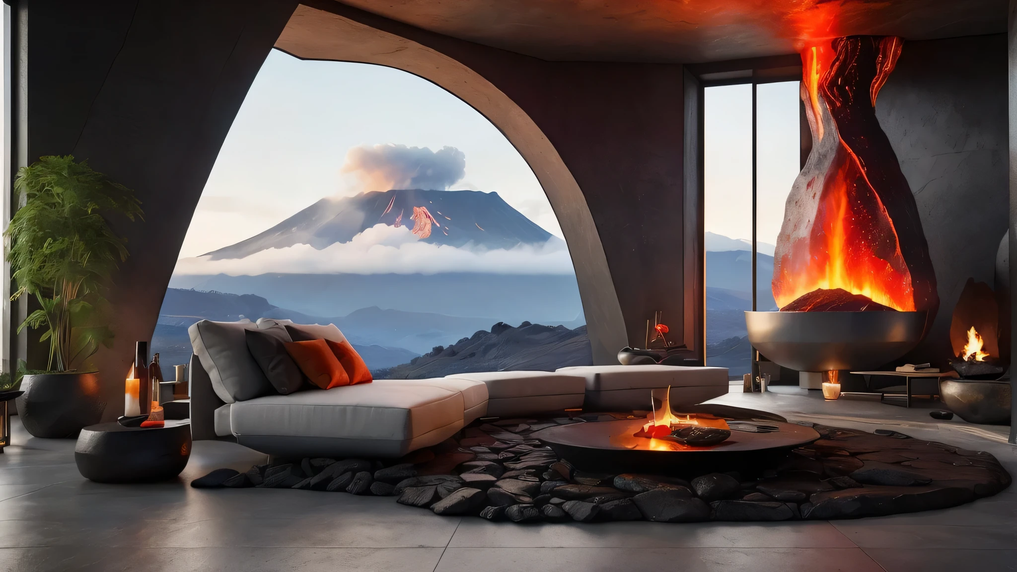 arafed view of a volcano from a living room with a fire pit, volcano landscape, volcano setting, volcano in the background, relaxing environment, volcano in background, mount doom, lava in the background, luxurious environment, volcanoes in the background, with a volcano in the background, beautiful render of a landscape, rendered in unreal engine 4k hq