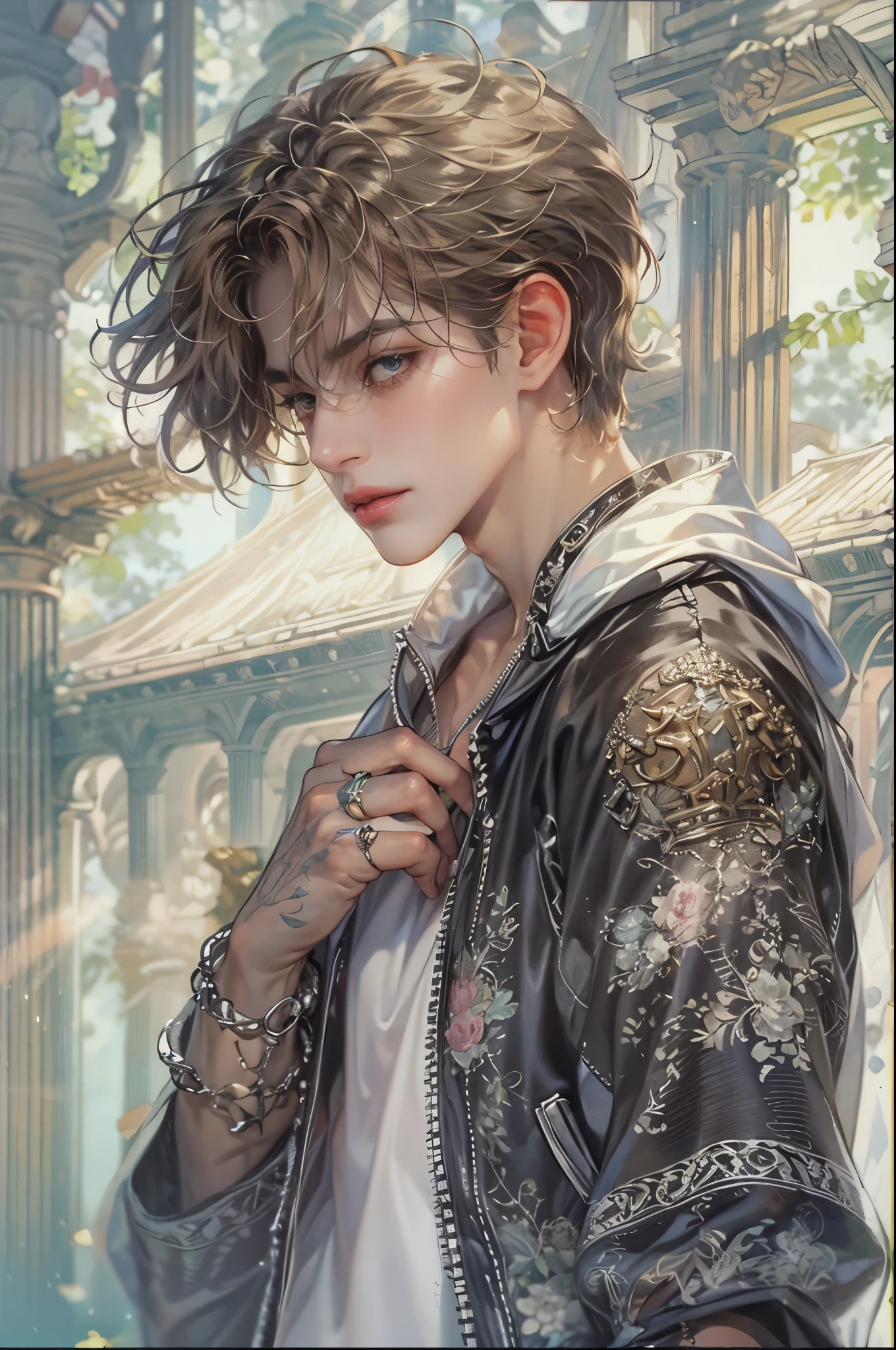 ((Best quality)), ((masterpiece)), (detailed), ((perfect face)), ((halfbody)) handsome face, male, teen boy, perfect proportions , an artwork created by nardack, casual outfit, detailed scenery background