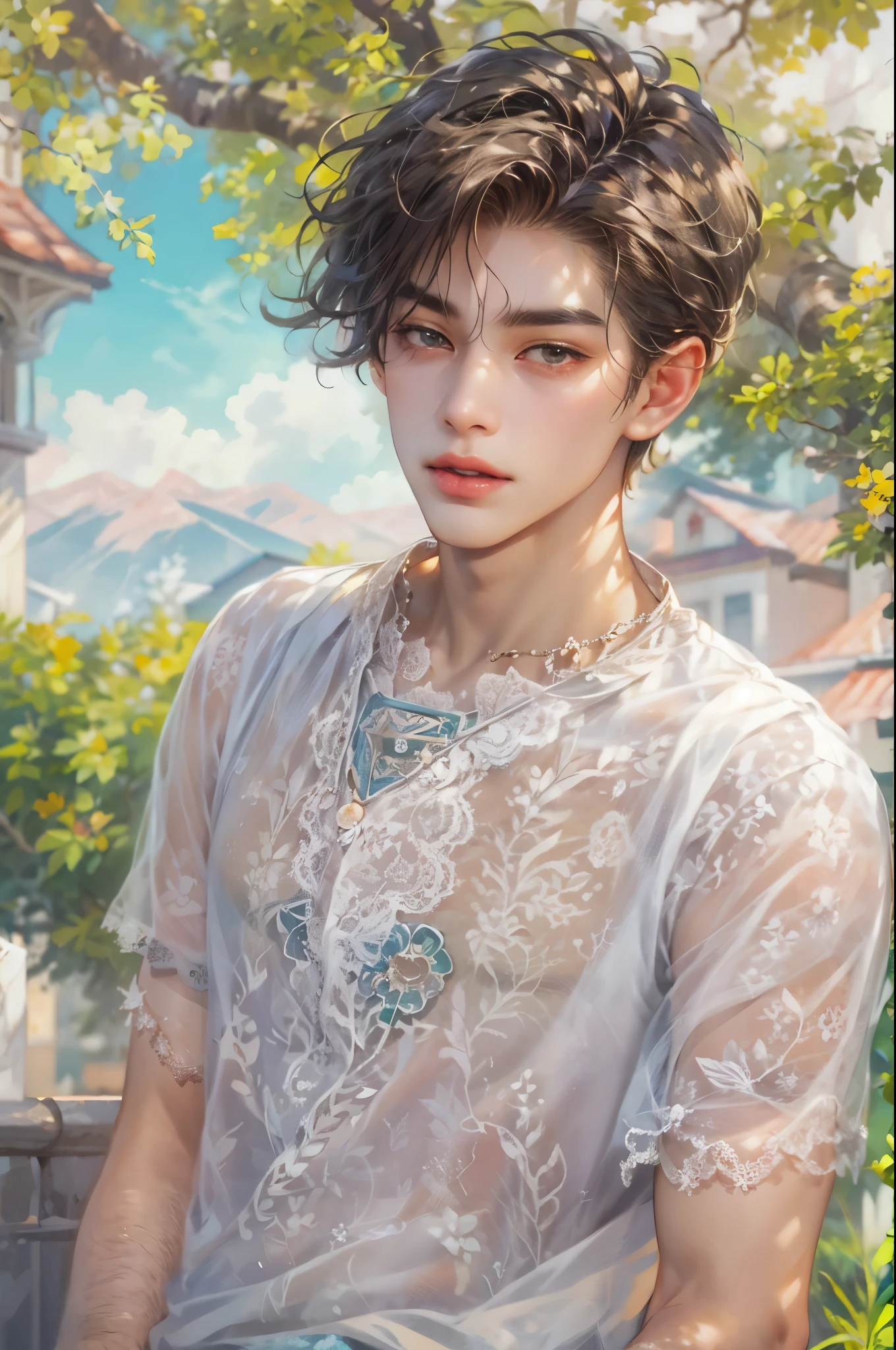 ((Best quality)), ((masterpiece)), (detailed), ((perfect face)), ((halfbody)) handsome face, male, teen boy, perfect proportions , an artwork created by nardack, casual outfit, detailed scenery background