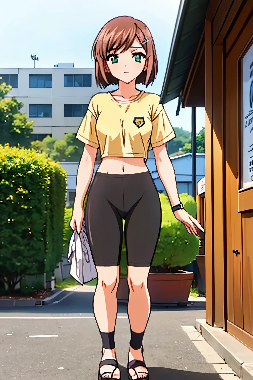 1girl, perfect face, hdr, moemiv1, brown hair, short hair, hairclip, green eyes, medium breast, long shirt, crop shirt, tucked shirt, yellow shirt, short_sleeves, bike_shorts, pov, white socks, brown sandals, full body, standing, 