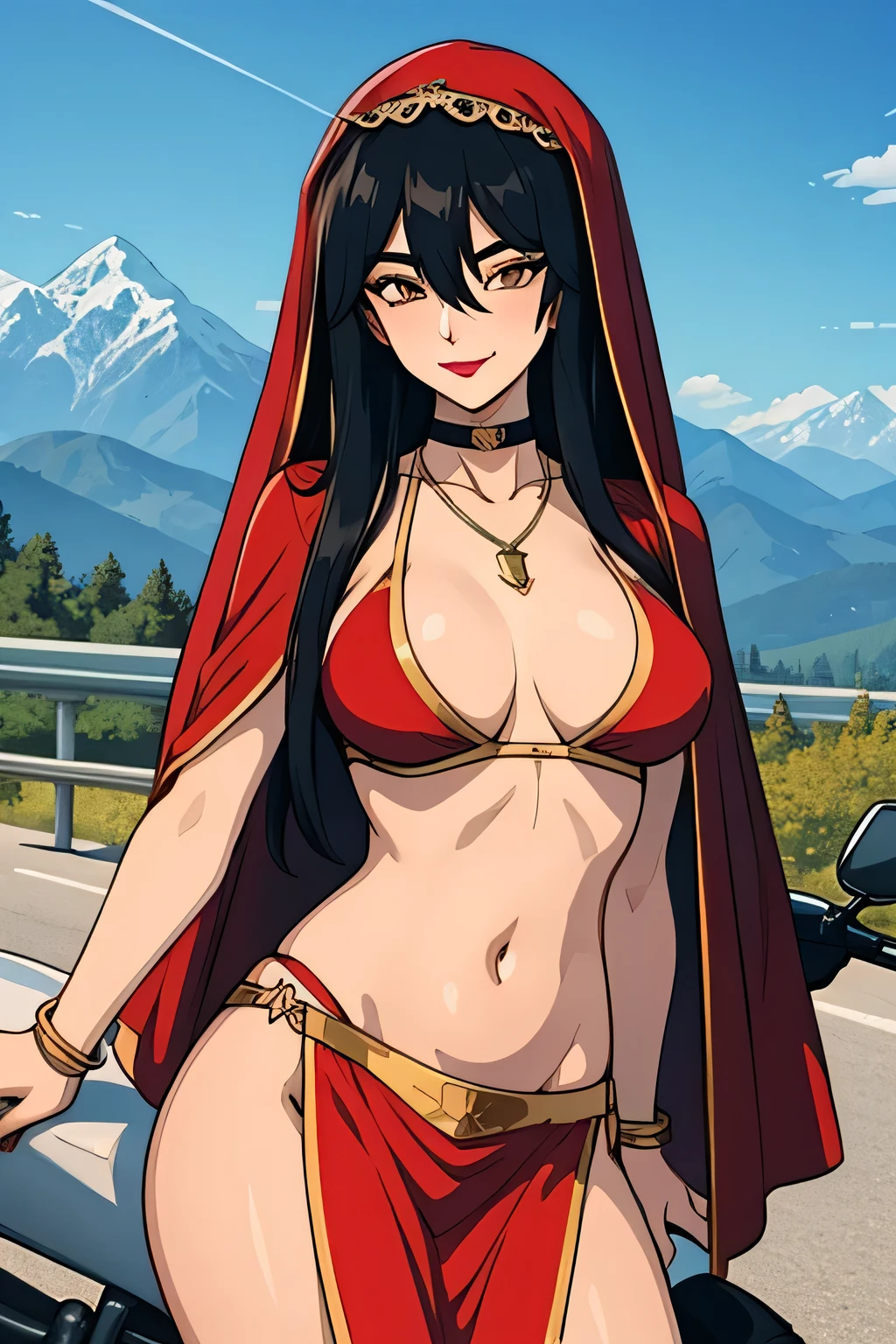 Terayama Reiko, solo, motorcycle, (smirking:1.1), looking at viewer, (cowboy shot:1.05), highway background, mountains and sky background
black hair, long hair, hair between eyes,  lipstick, makeup, black eyeshadow, detailed hair, detailed face, brown eyes, perfect eyes, perfect face,
,glint,halterneck,gold_choker, belly_chain,harem_outfit,navel, necklace, pelvic_curtain,revealing_clothes, veil，masterpiece,best quality,1girl,mature female,mature,necklace,pendant,