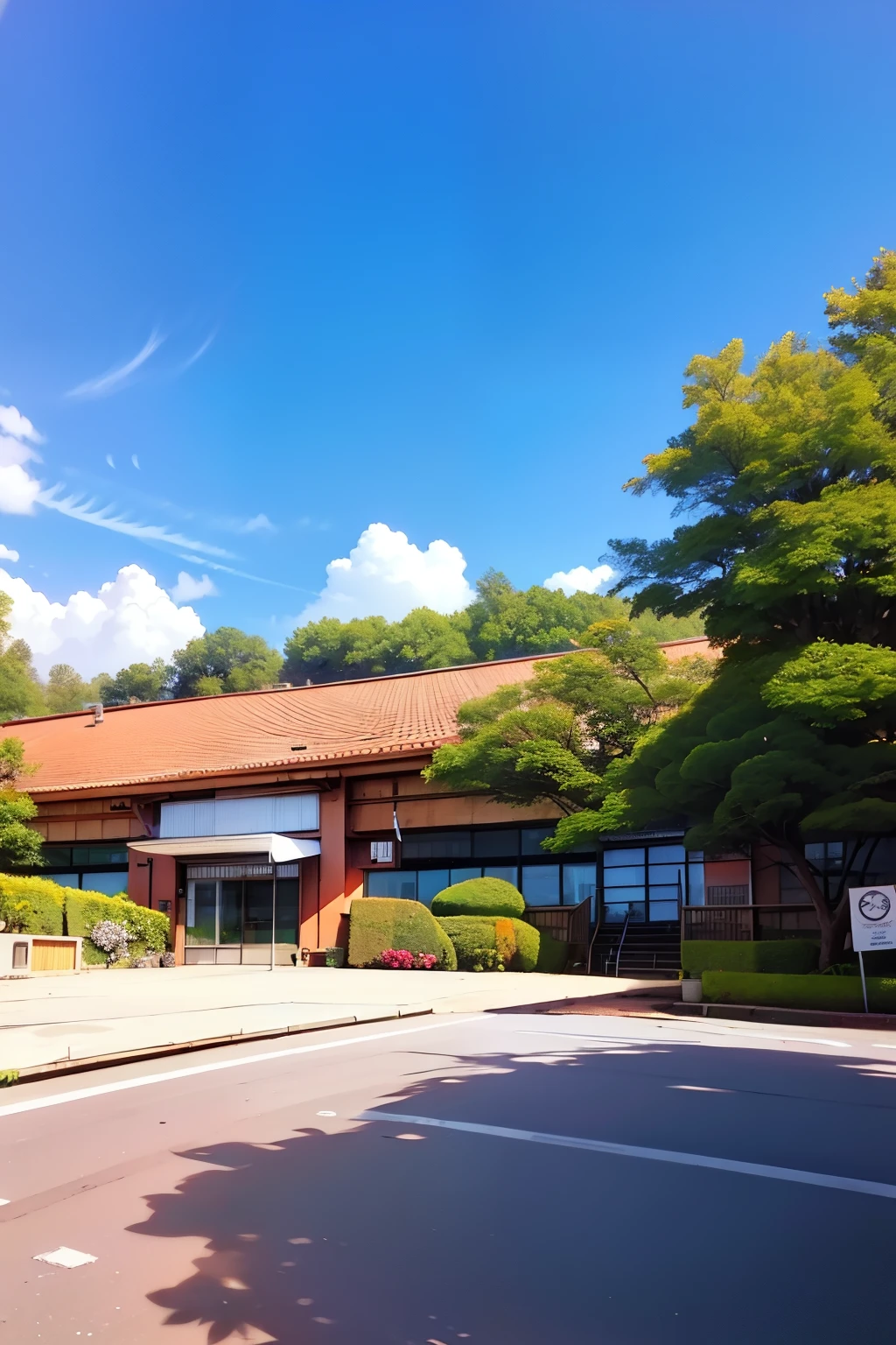 Japanese Anime Campus,2022 style,There are flowers and trees in the surrounding area,There are four academic buildings in the center of the campus,The middle is connected by a corridor with a wooden floor,150 meters to the right of the entrance gate is a large football field,The canteen is 100 meters to the right of the football field,The classrooms are wooden doors,There are small flower beds between the four teaching buildings with wooden tables and chairs,Flowers and plants are colorful。