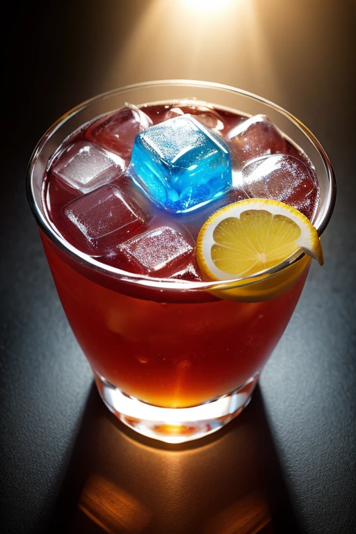 a stunning cocktail with a remarkable Tyndall effect, where light diffuses through the ice cubes, creating shimmering reflections in the colorful liquid