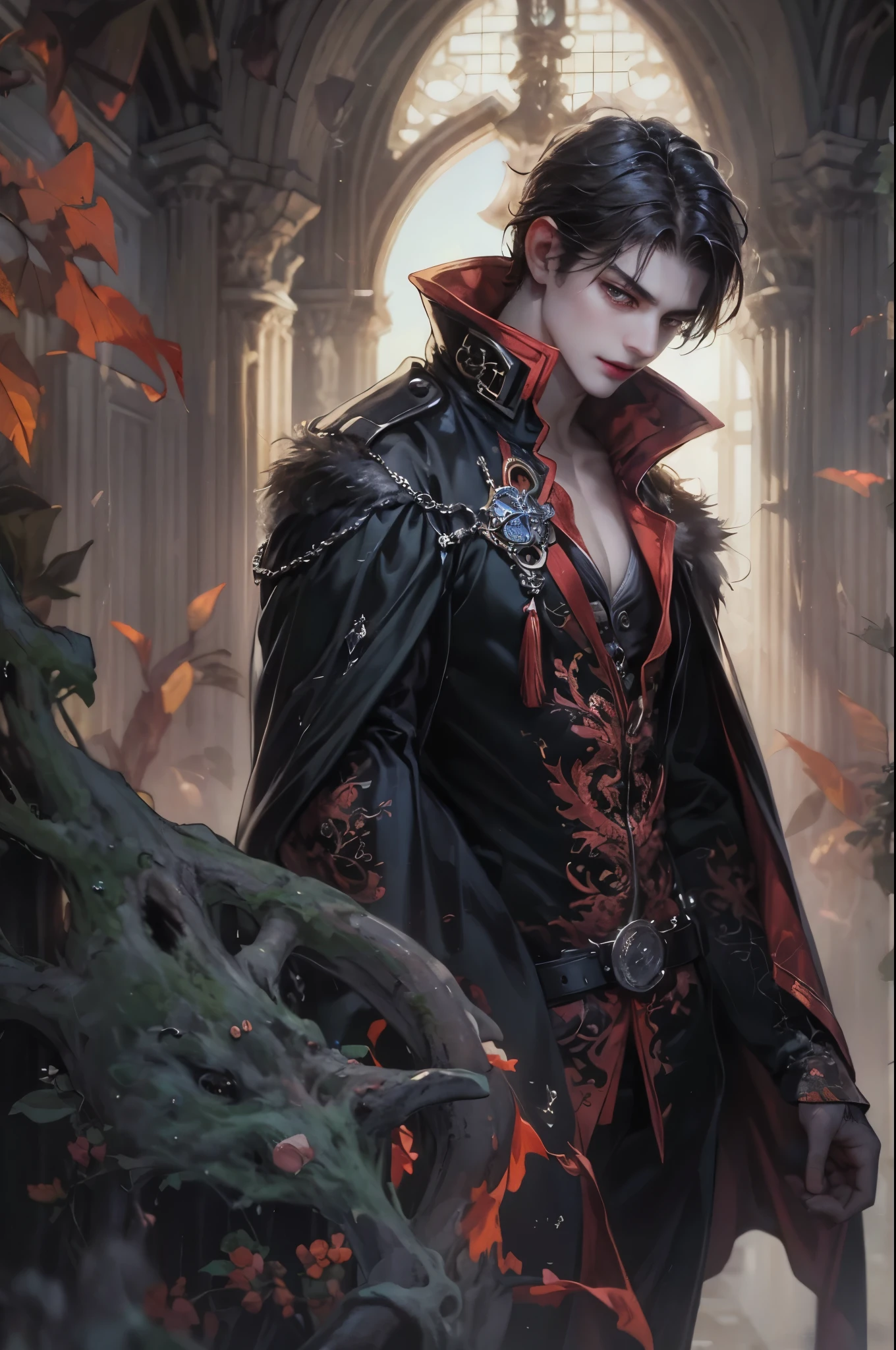 ((Best quality)), ((masterpiece)), (detailed), ((perfect face)), ((halfbody)) handsome face, male,  boy,  perfect proportions , a male character hero from vampire saviour comics in a gnostic outfit, succubus, incubus, vampire, dark cape, dark castle, detailed scenery background 