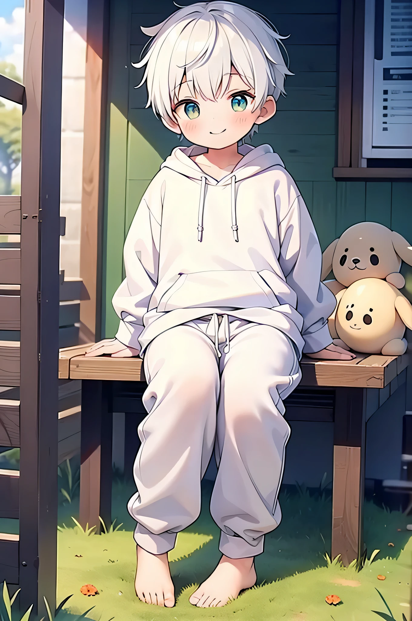 masterpiece, chubby **********s with white hair and shiny bright green eyes and small socks wearing a white hoodie, and oversized Sweatpants sitting on a desm,  young, boys, child, small, toddler, soft light, (Sweatpants:1.4), (Socks are too small:1.2), (boys:1.4), (Shota:1.45), (young:1.4), (male:1.4), (smiling:1.4), (foot:1.4), (Shy:1.4), (soft:1.0), (color:1.0), (cute color:1.0),