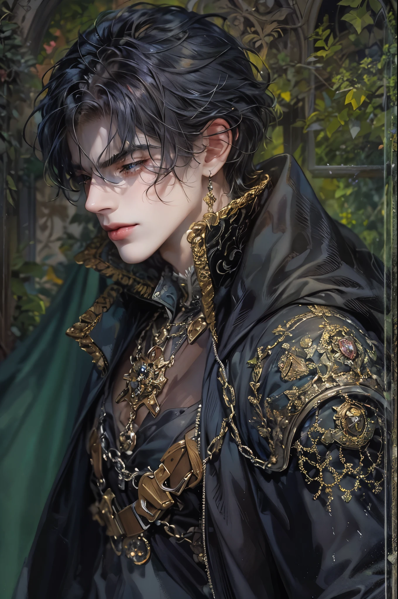 ((Best quality)), ((masterpiece)), (detailed), ((perfect face)), ((halfbody)) handsome face, male, teen boy,  perfect proportions , a male character hero from vampire saviour comics in a gnostic outfit, succubus, incubus, vampire, dark cape, dark castle, detailed scenery background 