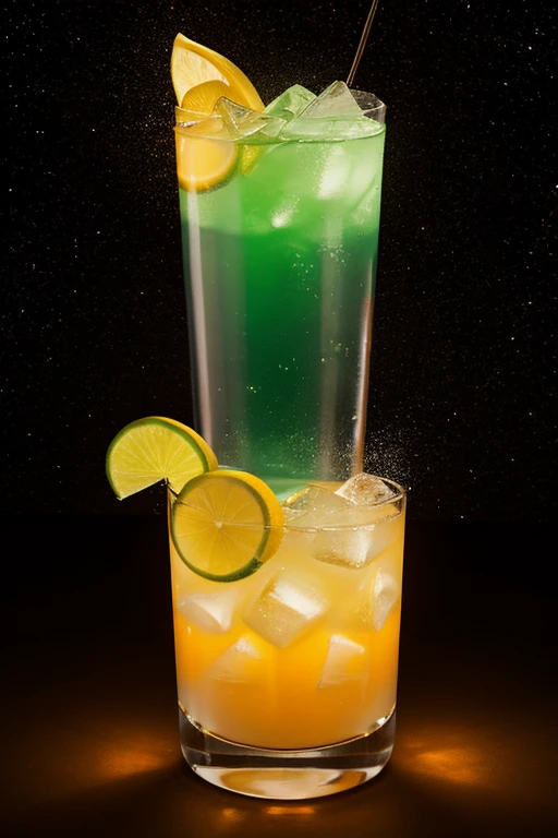 a spectacular cocktail showcasing a striking Tyndall effect, where light rays disperse through the layers of liquid, creating a magical and enchanting glow