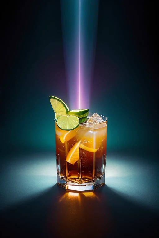 a spectacular cocktail showcasing a striking Tyndall effect, where light rays disperse through the layers of liquid, creating a magical and enchanting glow