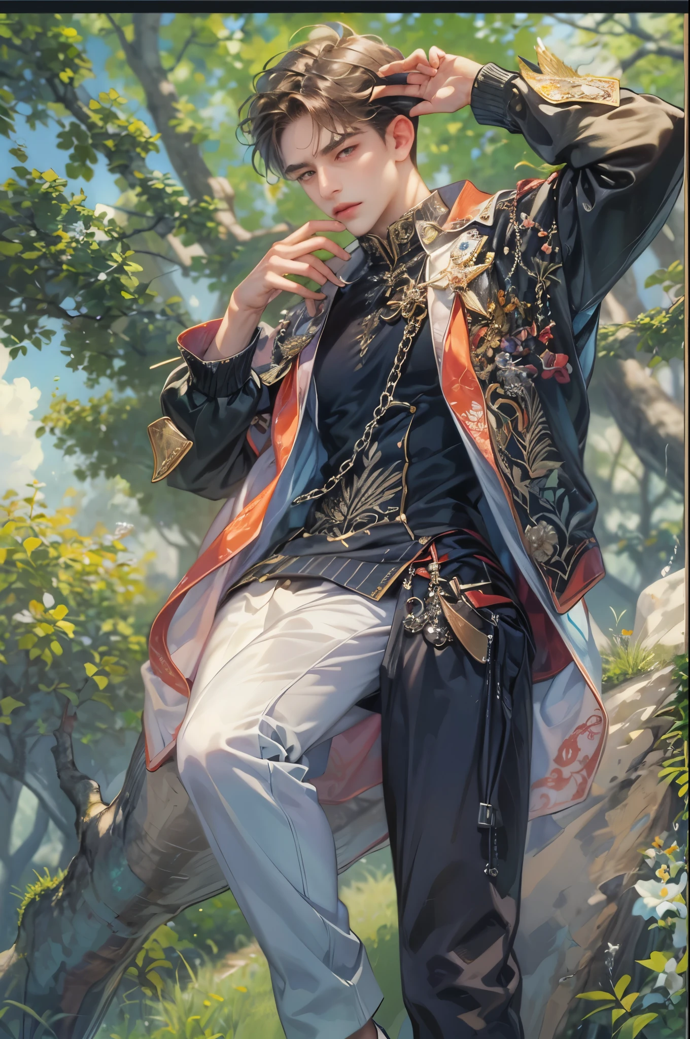 ((Best quality)), ((masterpiece)), (detailed), ((perfect face)), ((halfbody)) handsome face, male, teen boy,  perfect proportions , an artwork created by nardack, casual outfit, detailed scenery background 