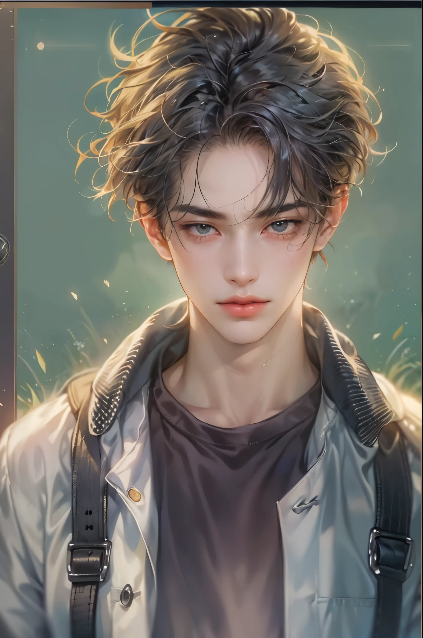 ((Best quality)), ((masterpiece)), (detailed), ((perfect face)), ((halfbody)) handsome face, male, boy, perfect proportions , an artwork created by nardack, casual outfit, detailed scenery background