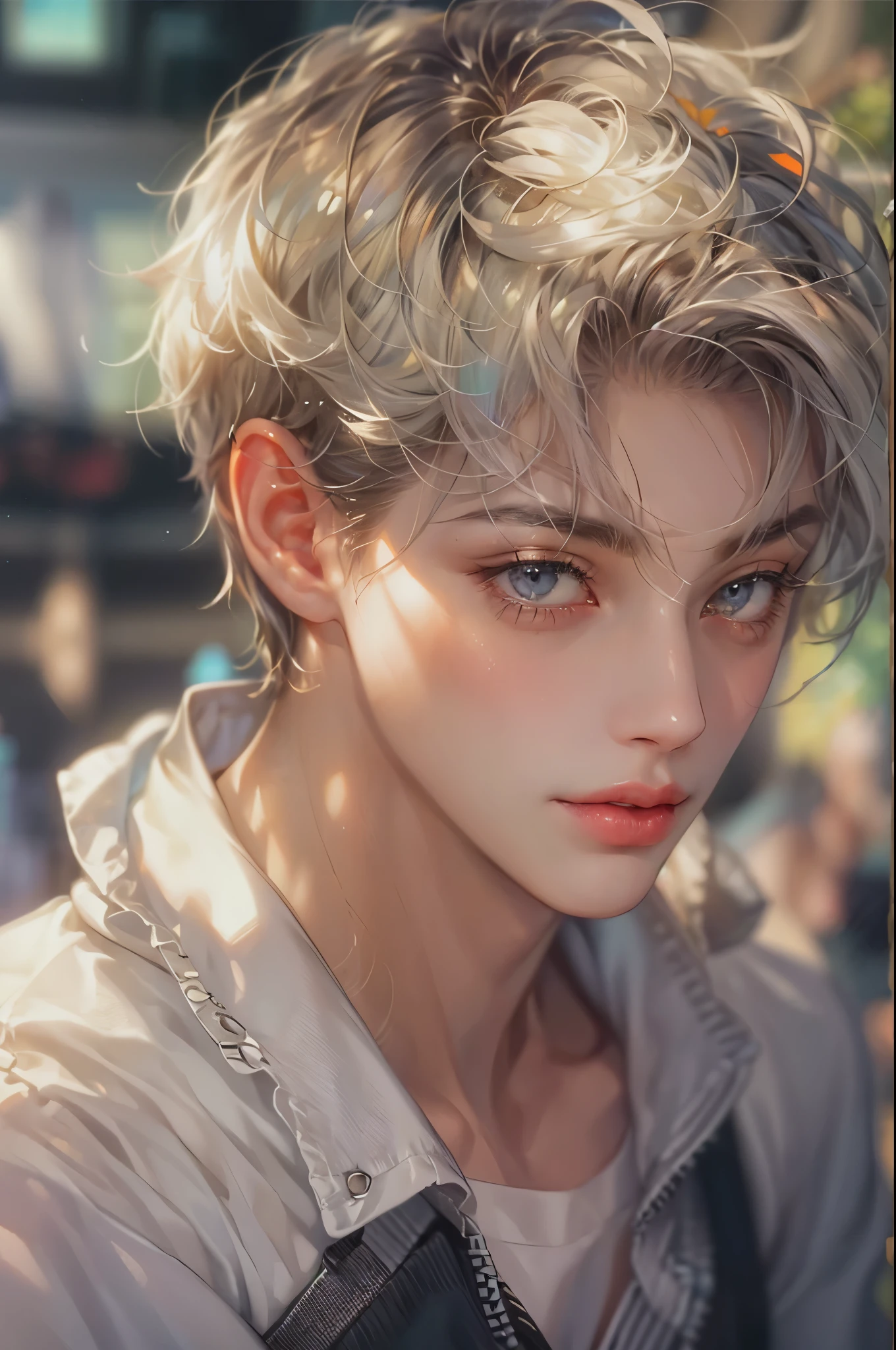 ((Best quality)), ((masterpiece)), (detailed), ((perfect face)), ((halfbody)) handsome face, male, teen boy, perfect proportions , an artwork created by nardack, casual outfit, detailed scenery background