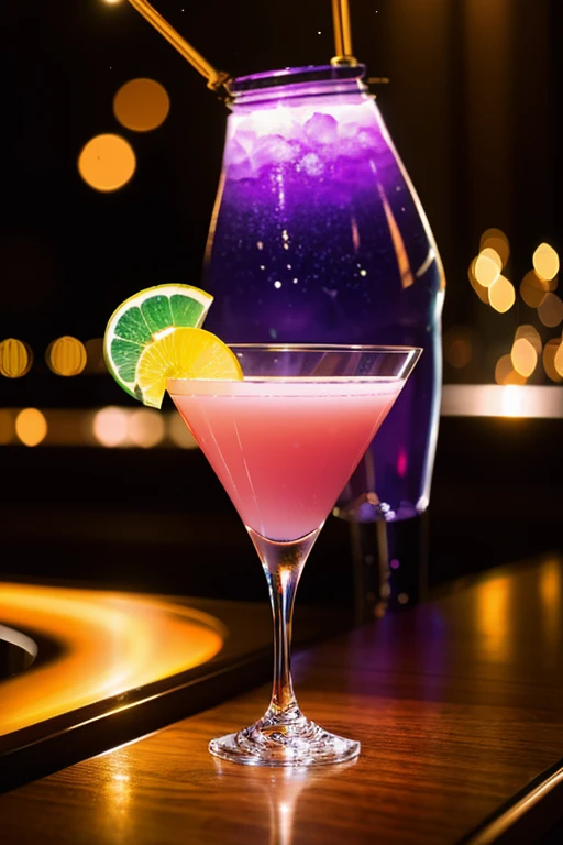 a dazzling cocktail featuring a distinctive Tyndall effect, where light skillfully passes through the glass, revealing vibrant hues and sparkling reflections