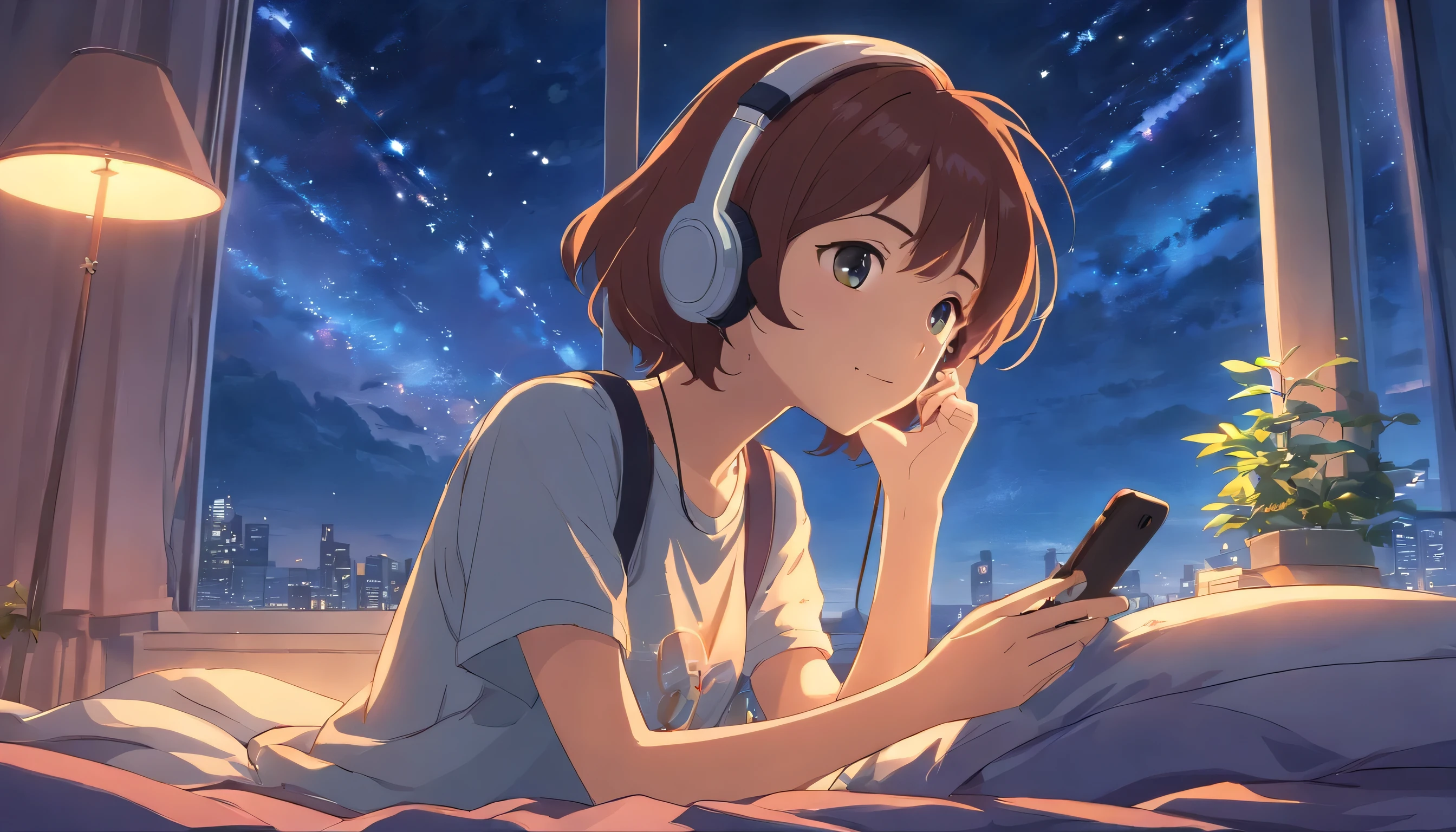 A girl listens to music with headphones by the window next to the bed,Many stars in the night sky cell phone in hand