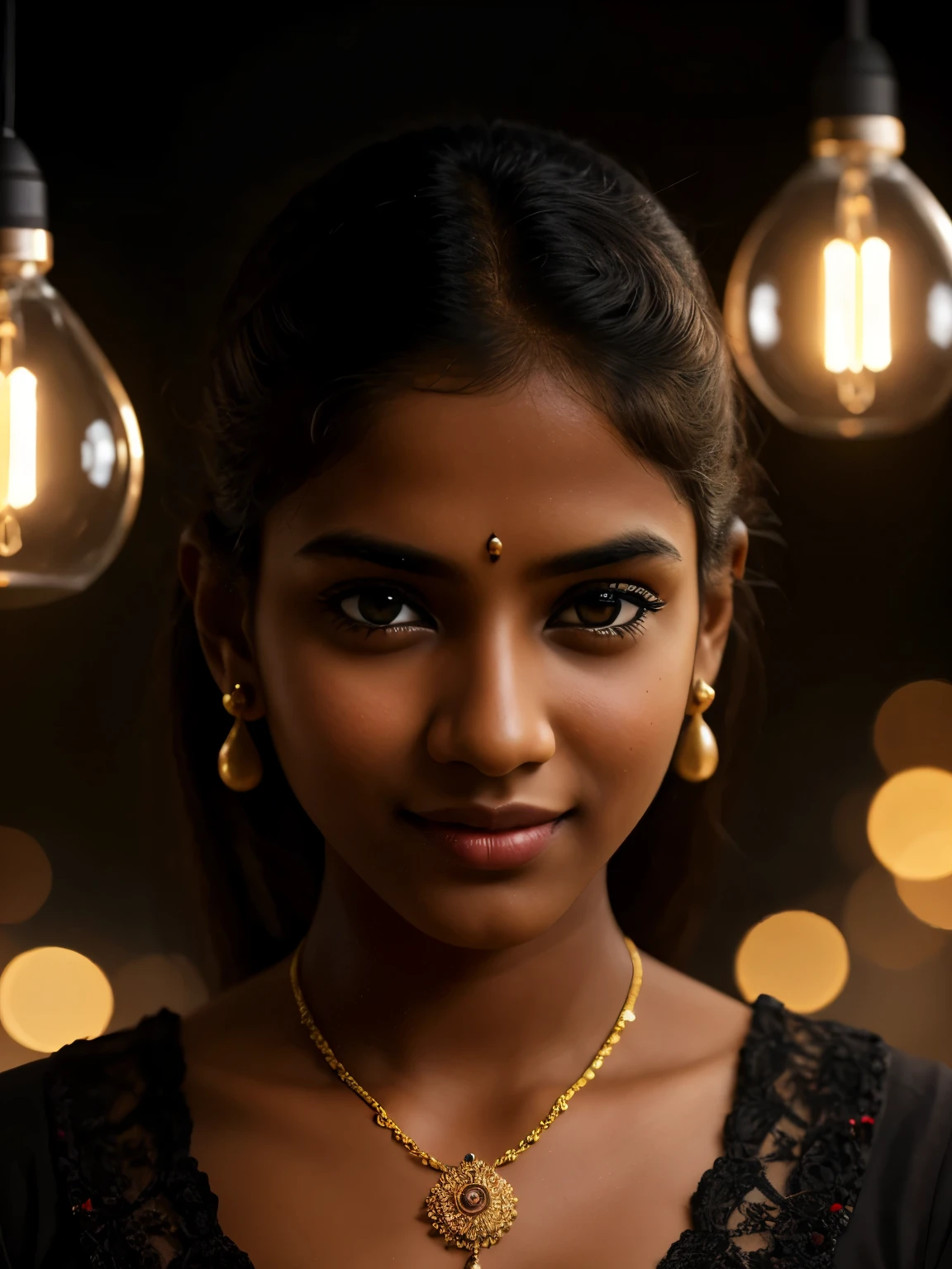 Full body portrait, Tamil girl, smile:0.6, high detail face, high detailed skin texture, inside dark room, only a bulb hanging over her head, 64K, HDR, high resolution, photo-realistic, cinematic lighting, depth of field, cool colors, midnight scenario, ear studs, wrist watch, eyes symmetry, face symmetry, (intricated meticulously detailed:1.6 faces & eyes & ears & nose & lips & body parts), hyper maximized objects