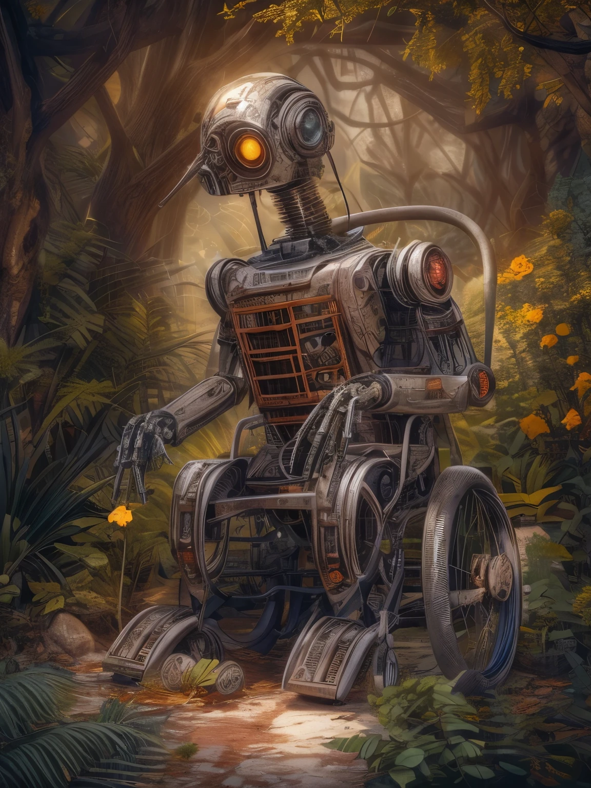 (La best quality,high resolution,super detailed,actual),Old abandoned robot in a wheelchair，covered with plants，（ （（sunrise））），light warm（ （（A masterpiece full of sunshine elements）））， （（best quality））， （（intricate details））（8k）